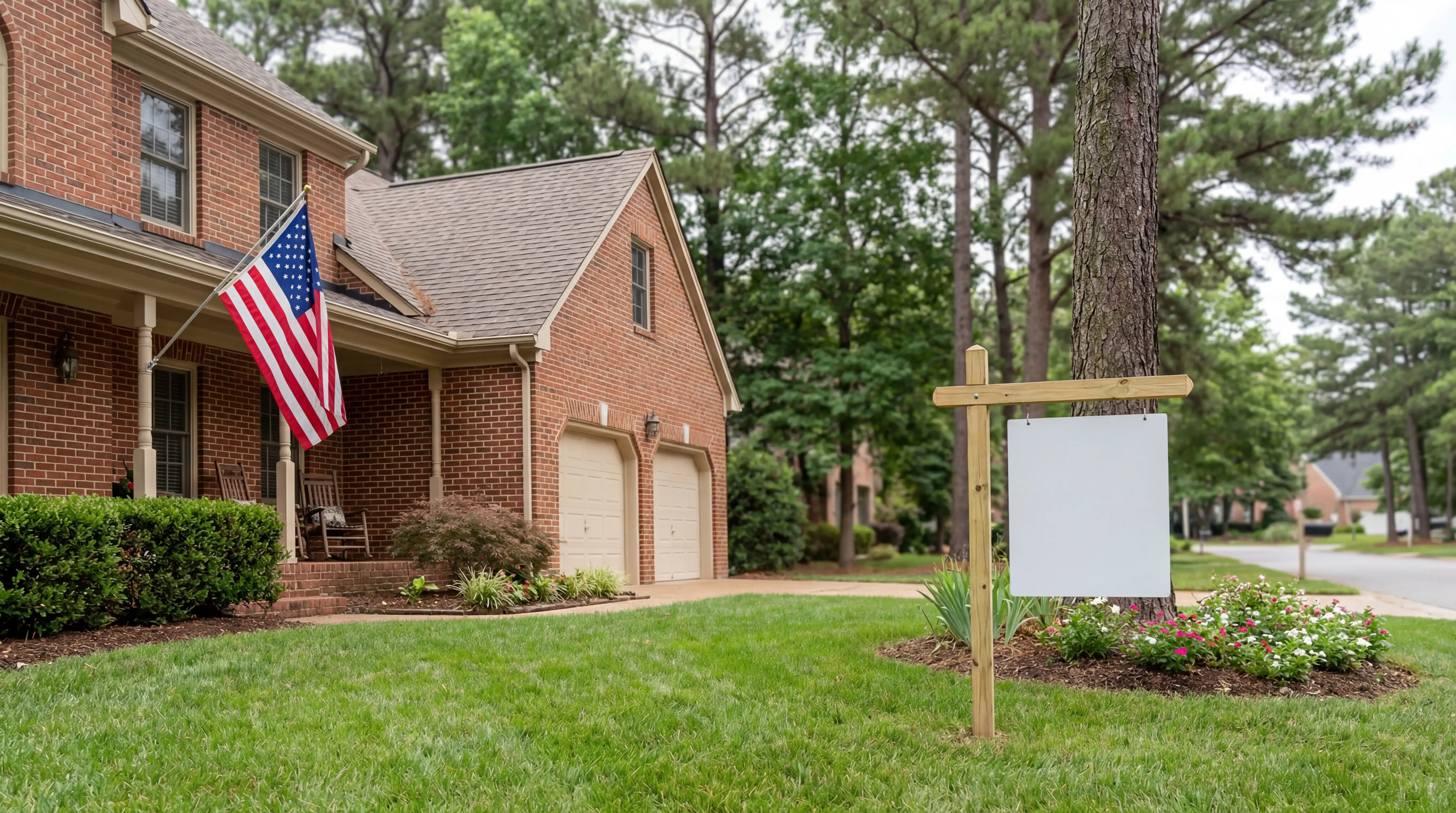 Colonial-style brick home exterior with For Sale sign in Newport News Kiln Creek neighborhood for real estate in Newport News, VA