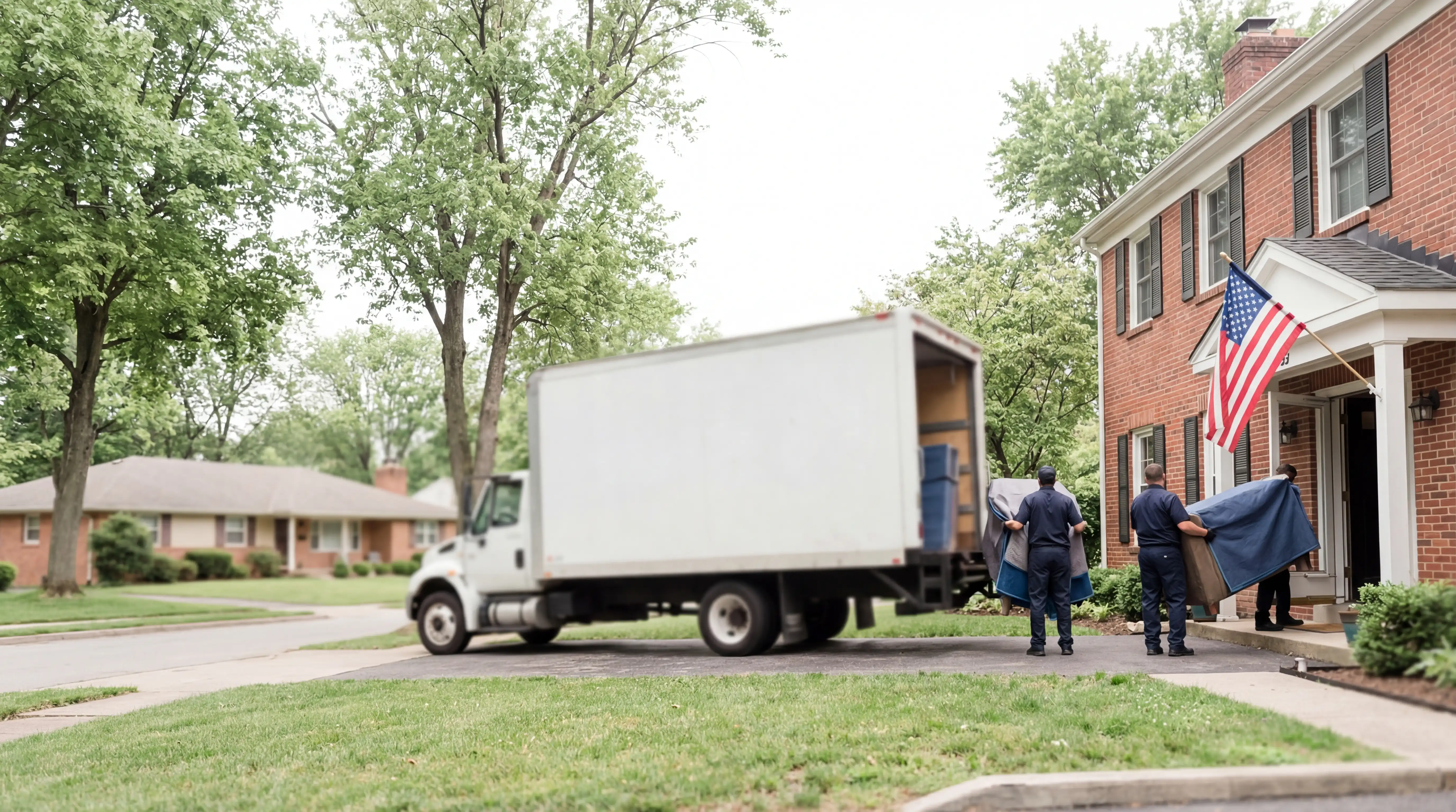 Professional moving truck outside a Denbigh neighborhood home in Newport News VA with uniformed movers for moving company in Newport News, VA