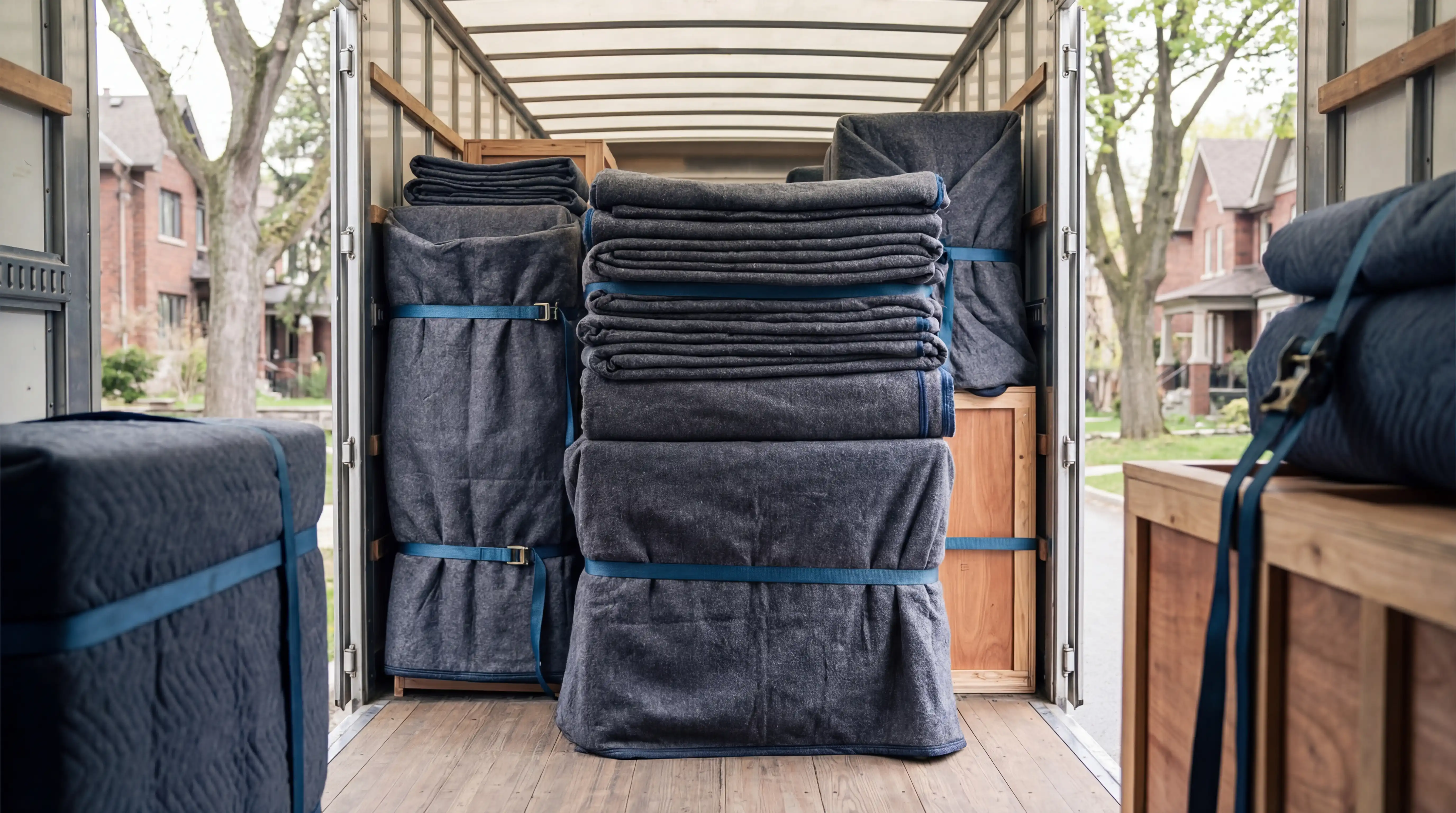 Professional moving truck outside a Denbigh neighborhood home in Newport News VA with uniformed movers for moving company in Newport News, VA