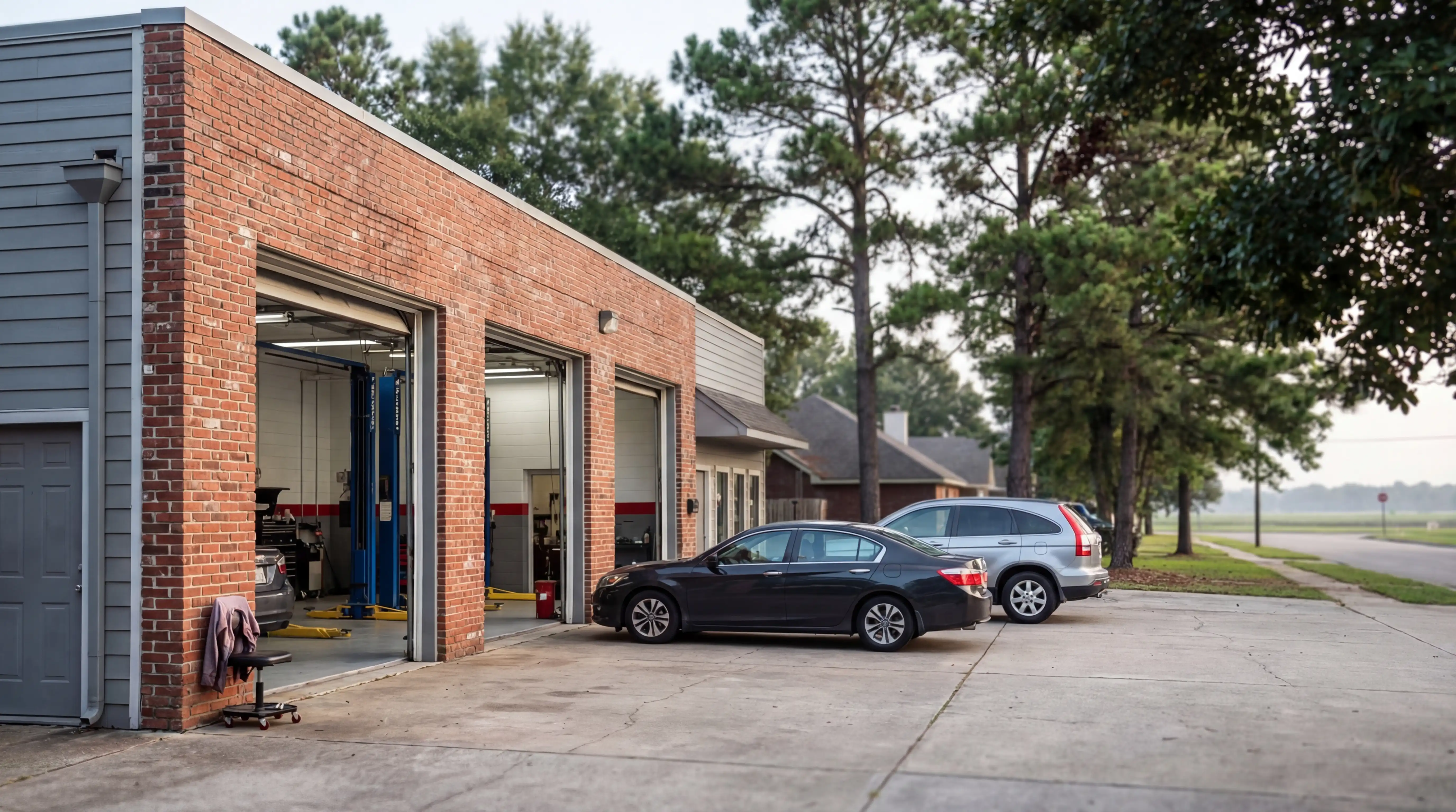 Professional auto repair shop bay on Warwick Boulevard with mechanic inspecting vehicle on lift in Newport News, VA