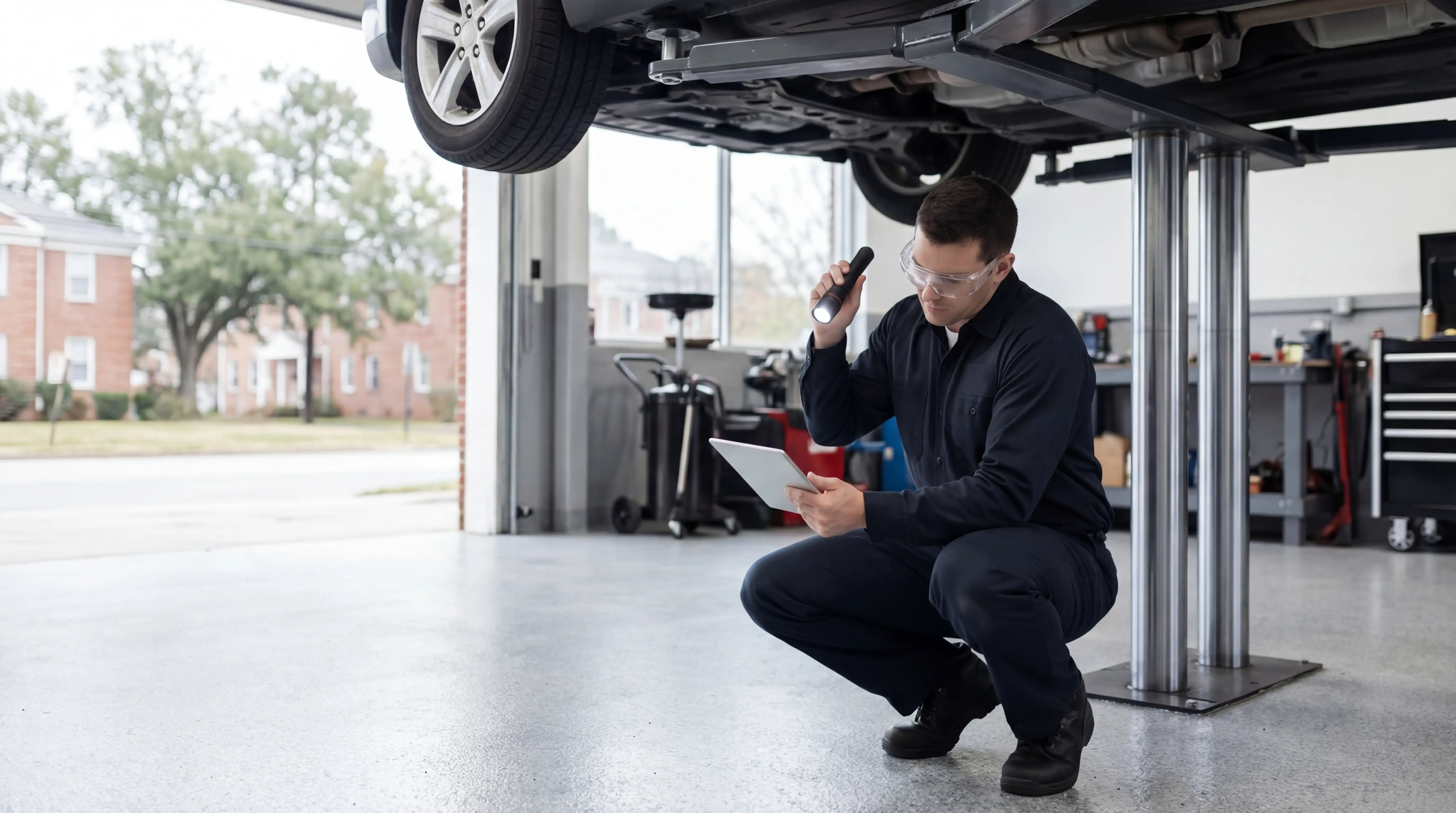 Professional auto repair shop bay on Warwick Boulevard with mechanic inspecting vehicle on lift in Newport News, VA