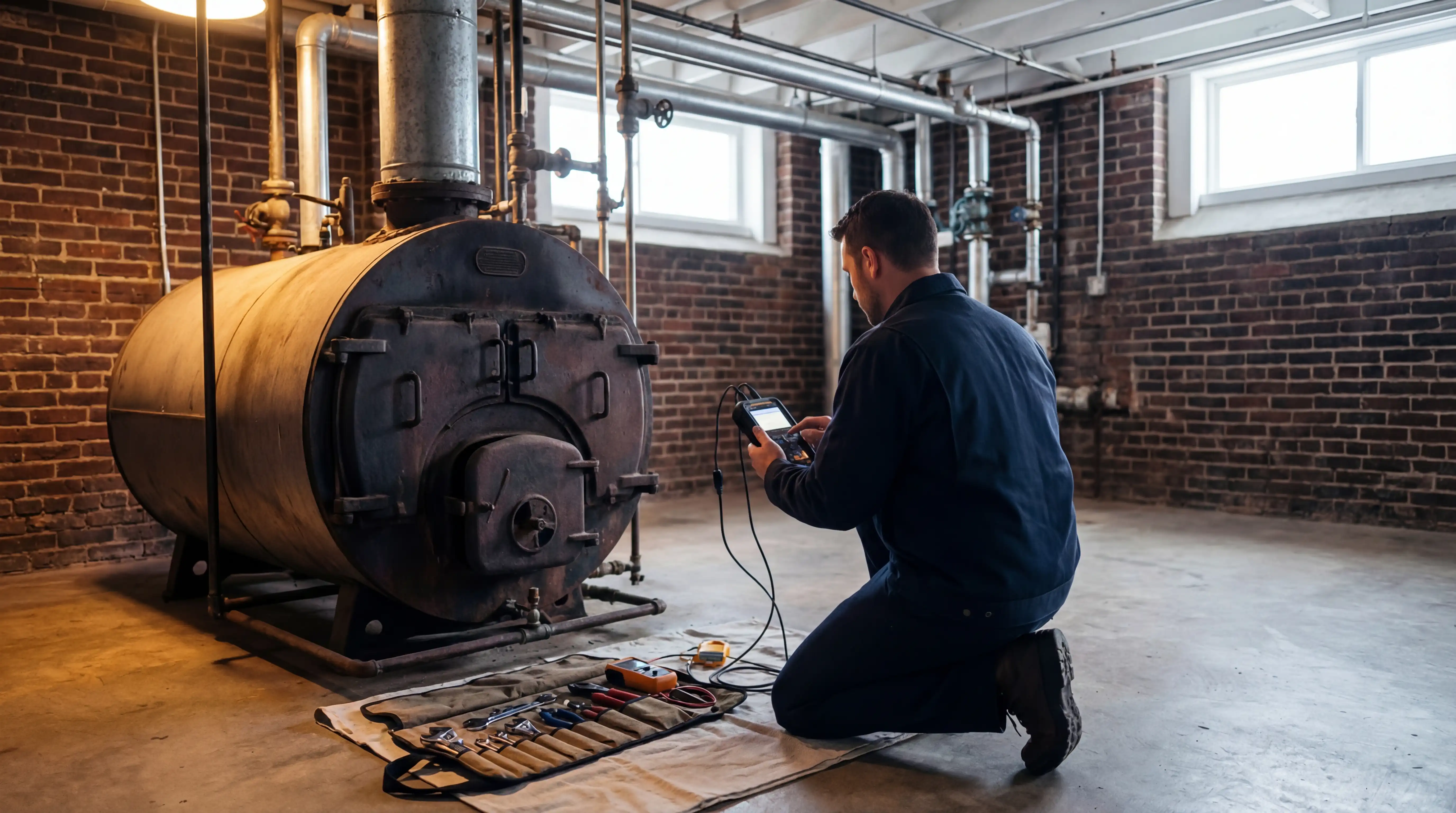 Professional HVAC technician servicing a cast-iron steam boiler in the basement of a pre-WWII Albany, NY brick home