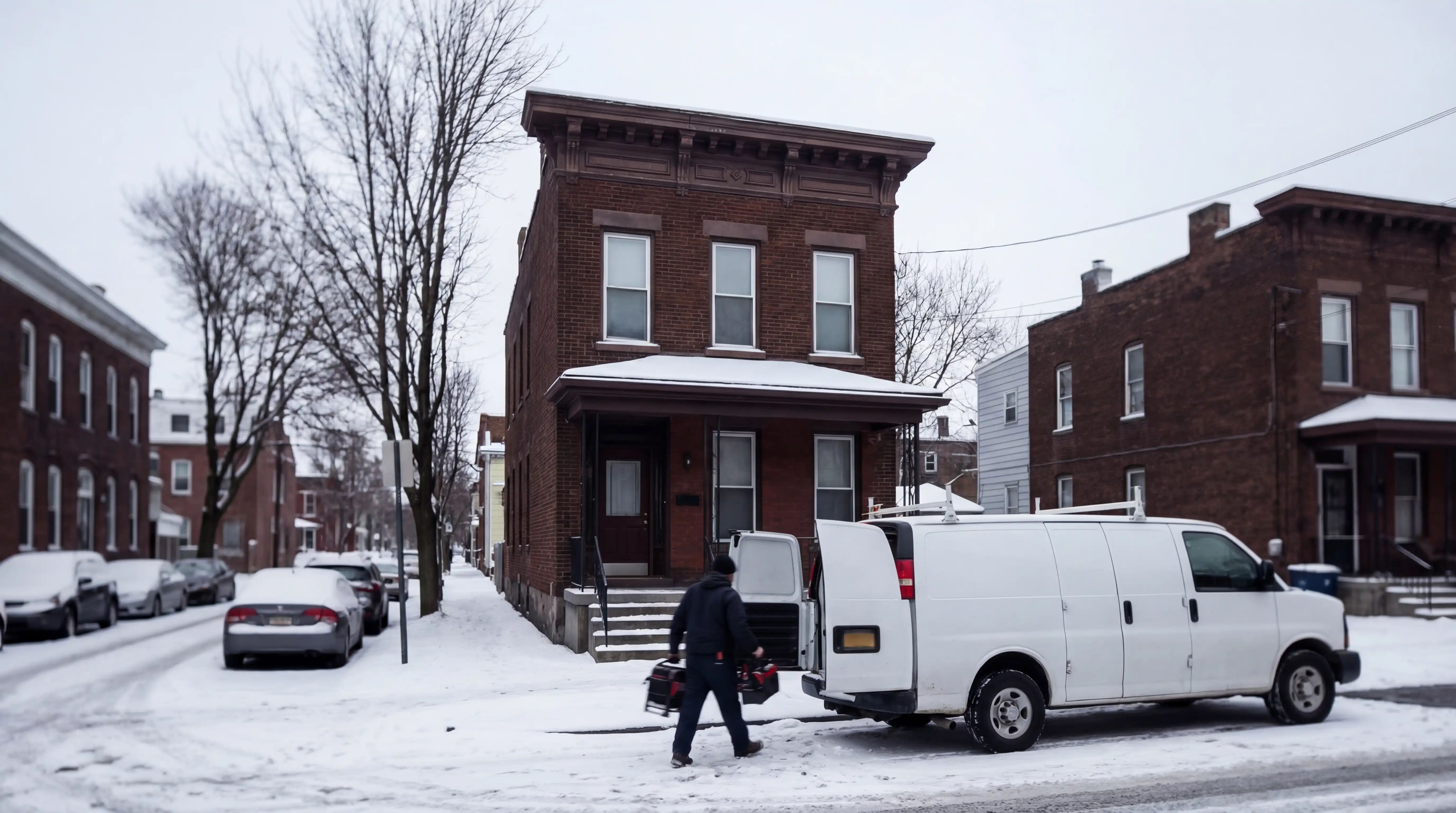 Professional HVAC technician servicing a cast-iron steam boiler in the basement of a pre-WWII Albany, NY brick home