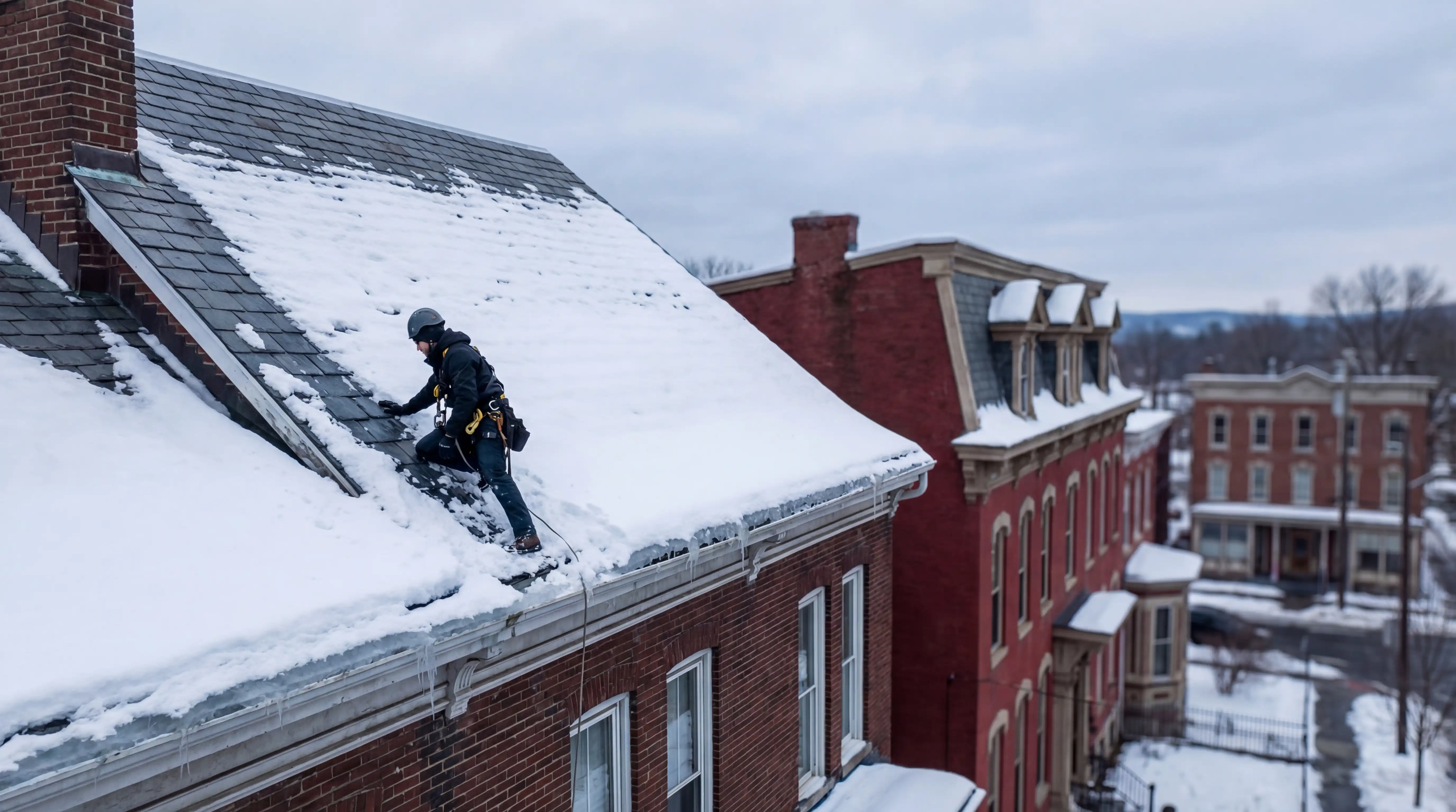 Roofing contractor assessing ice dam damage on a steep-pitch Victorian home in Albany, NY during winter