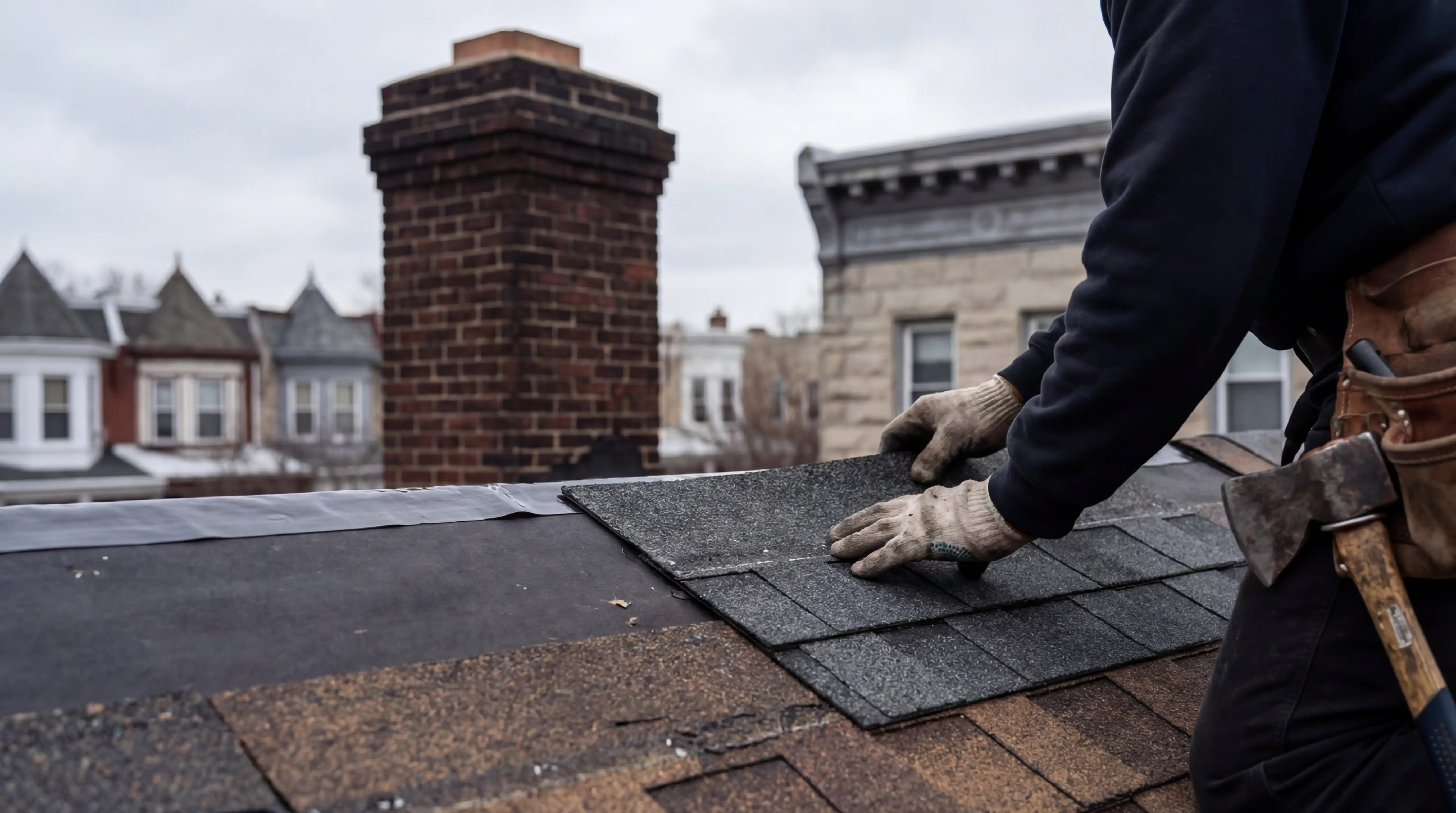 Roofing contractor assessing ice dam damage on a steep-pitch Victorian home in Albany, NY during winter