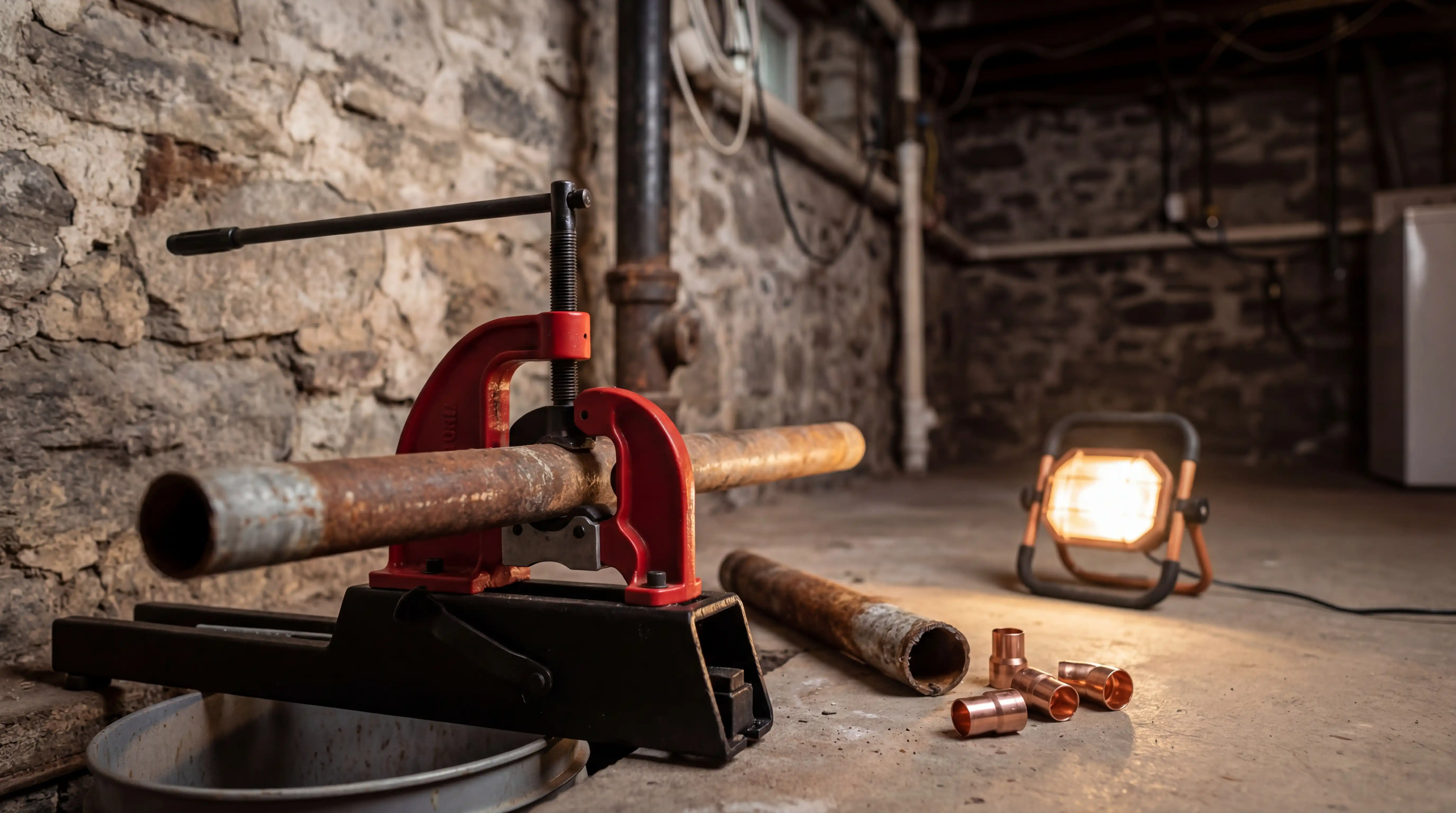 Licensed plumber replacing corroded galvanized pipes in the basement of a pre-WWII Albany, NY brick duplex