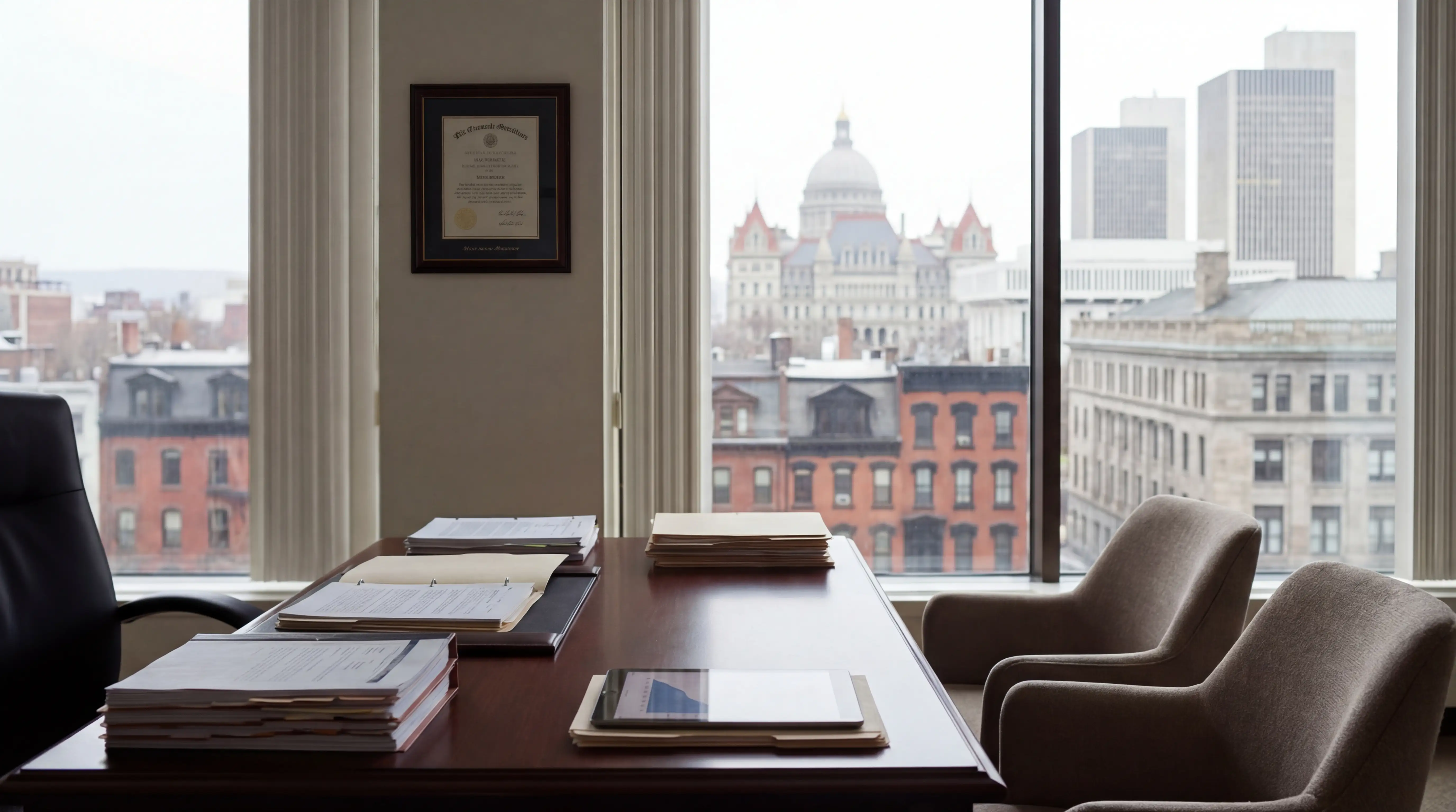 Attorney reviewing case documents at a desk in a professional Albany, NY law office near the New York State Capitol building