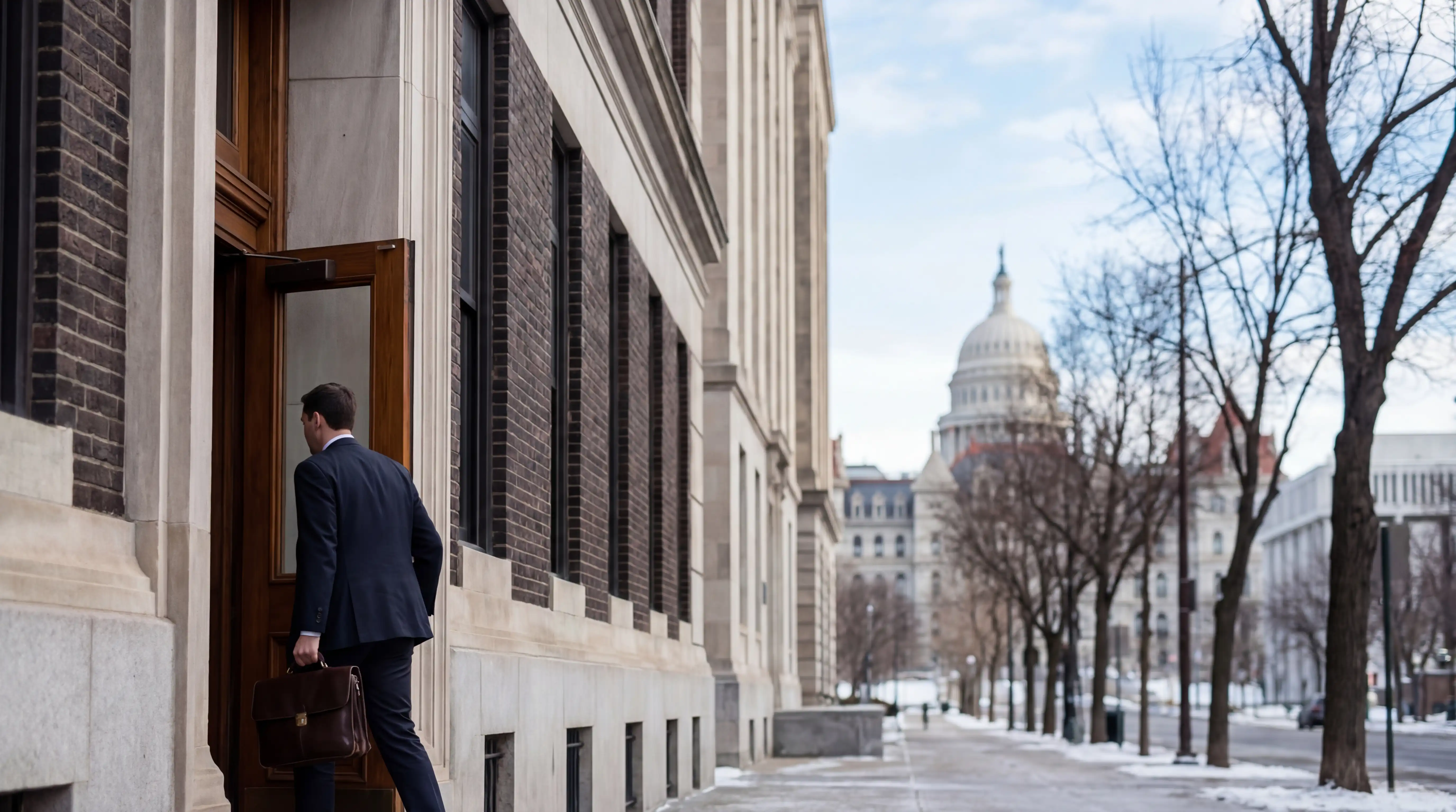 Attorney reviewing case documents at a desk in a professional Albany, NY law office near the New York State Capitol building