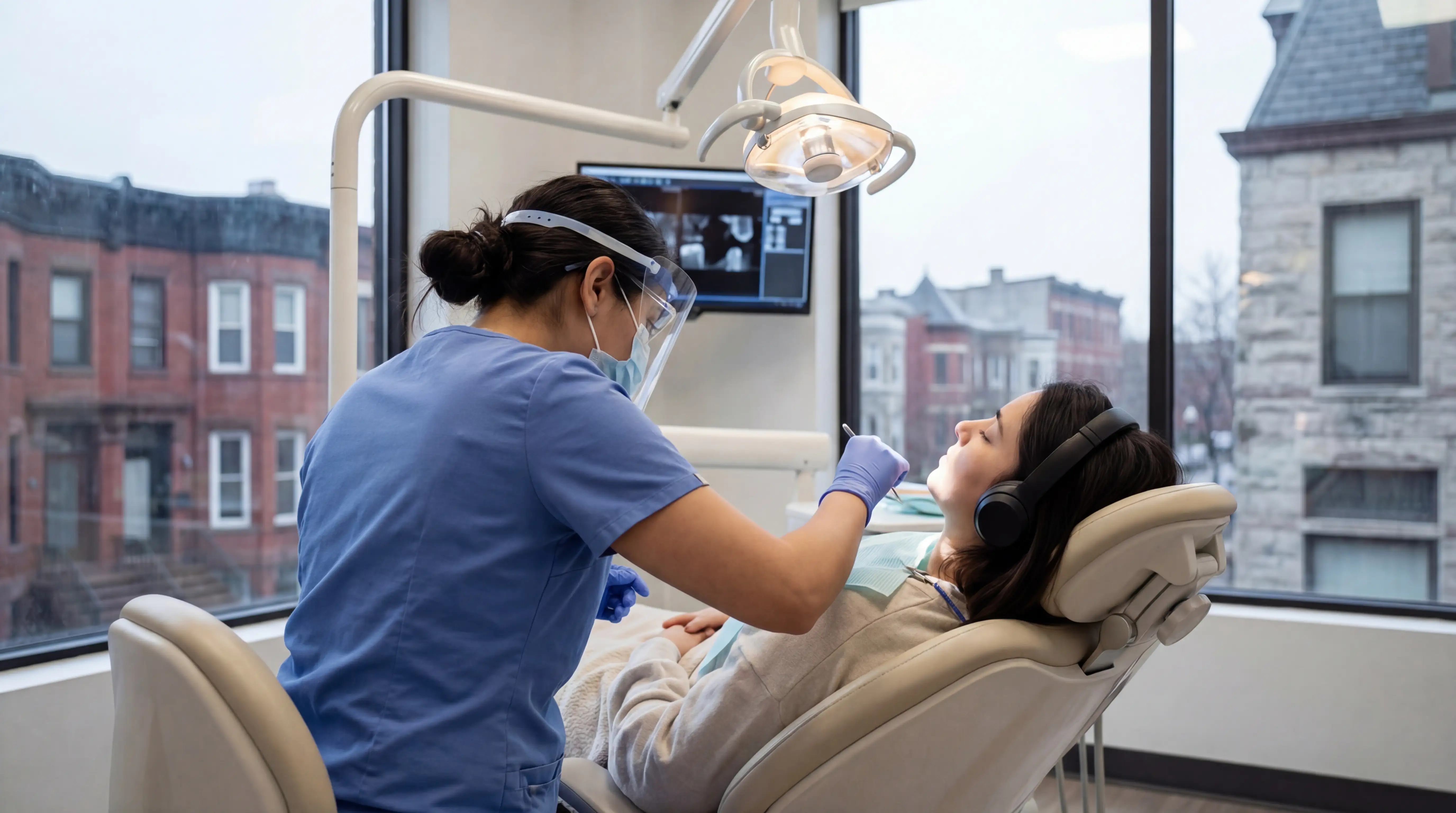 Professional dental hygienist assisting a patient in a modern, well-lit dental operatory at a practice in Albany, NY