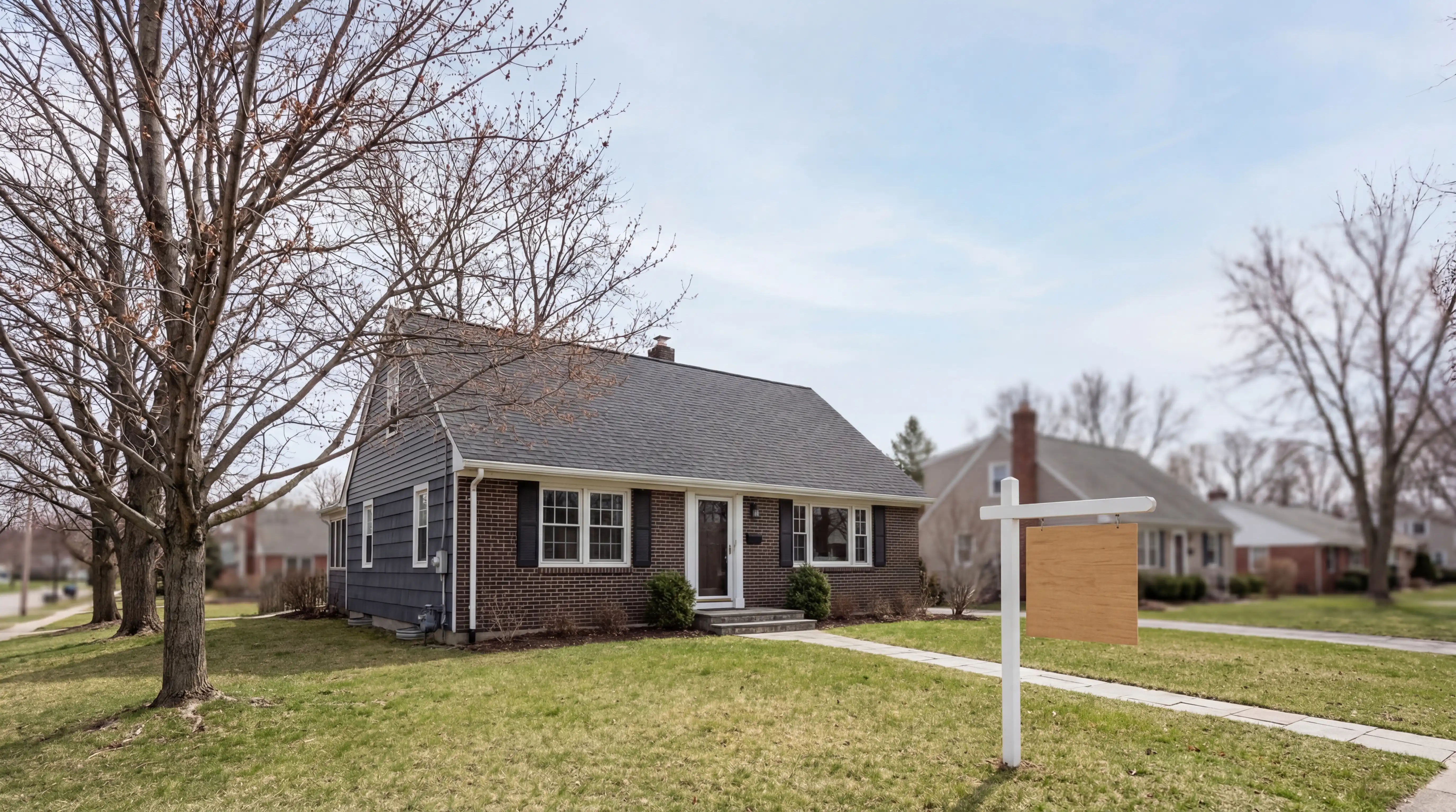 Real estate agent showing a young couple the exterior of a well-maintained home for sale in a quiet residential neighborhood in Albany, NY