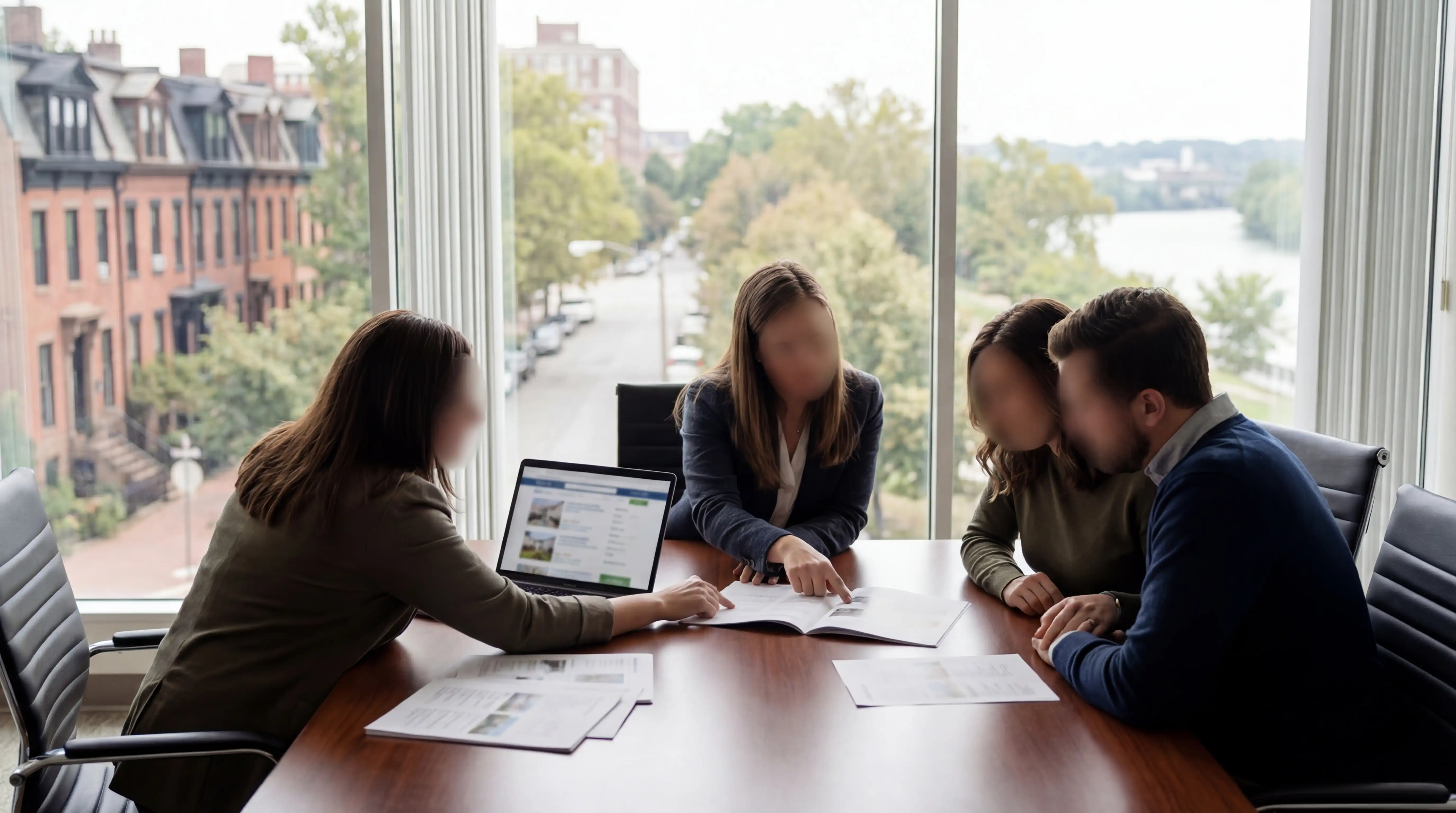 Real estate agent showing a young couple the exterior of a well-maintained home for sale in a quiet residential neighborhood in Albany, NY