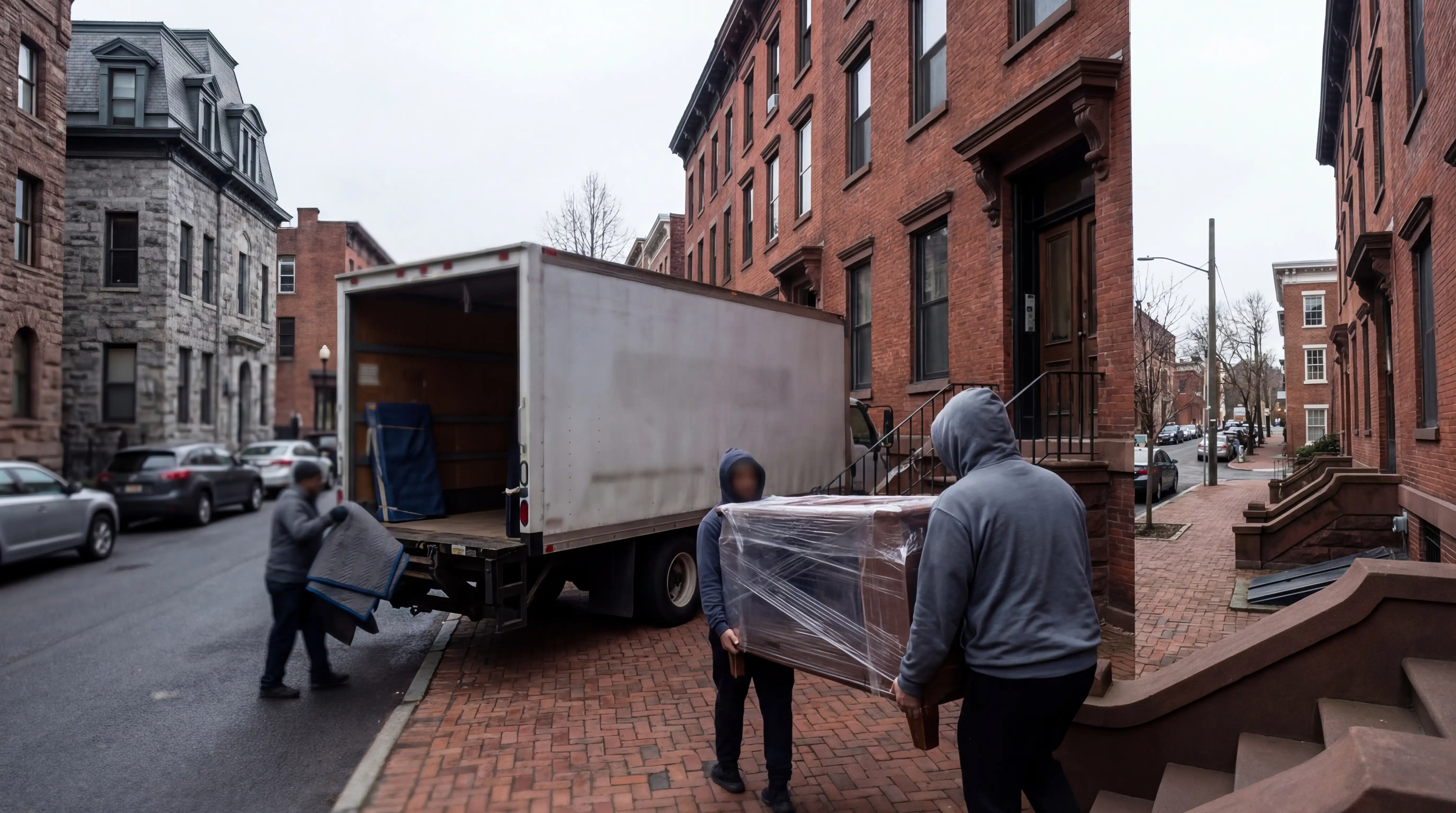 Professional movers in branded uniforms carrying furniture down the front stoop of a brick row house on a narrow residential street in Albany, NY