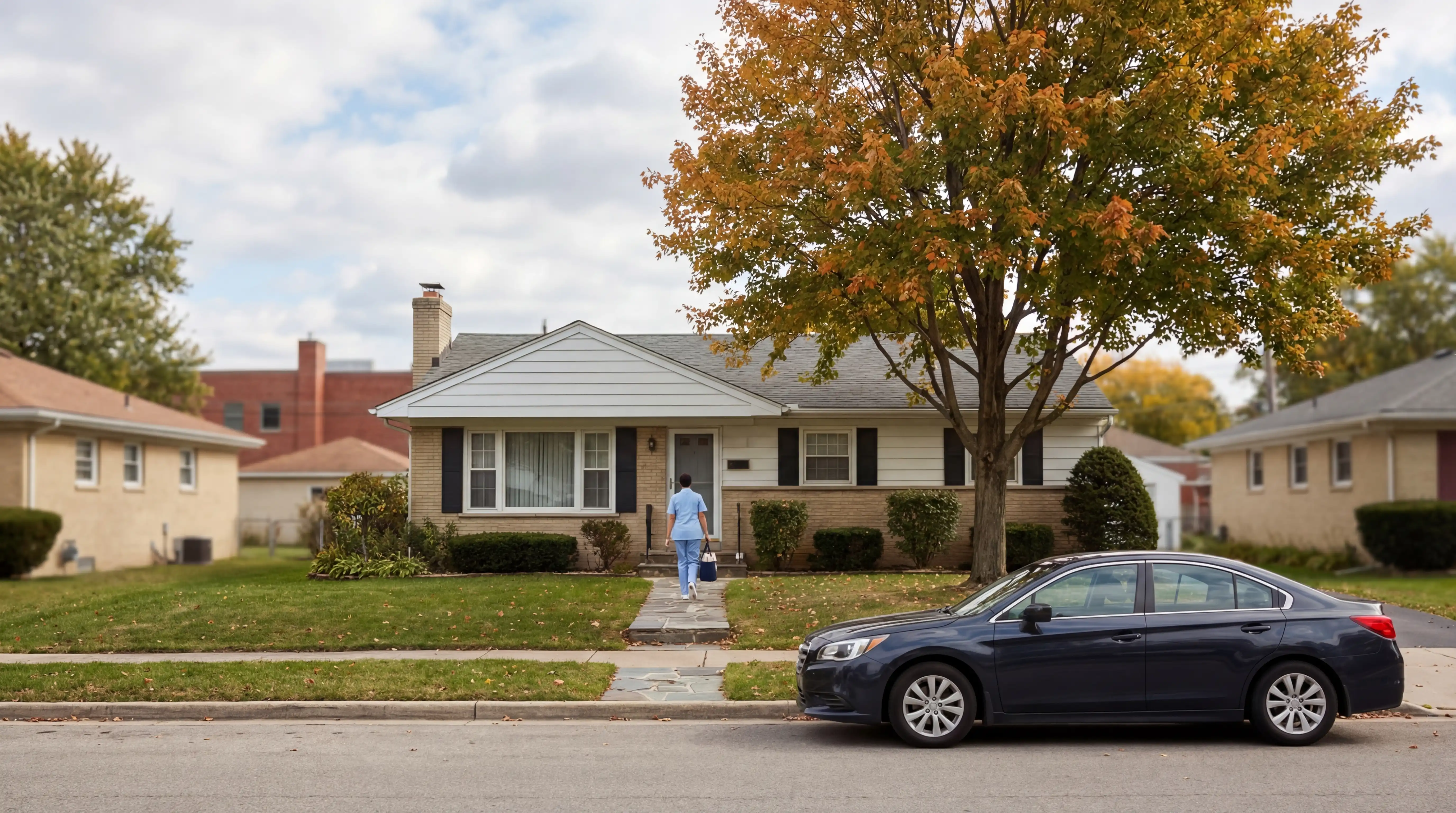 Home care aide in light blue uniform seated beside an elderly woman at a bright kitchen table in a comfortable Albany-area suburban home