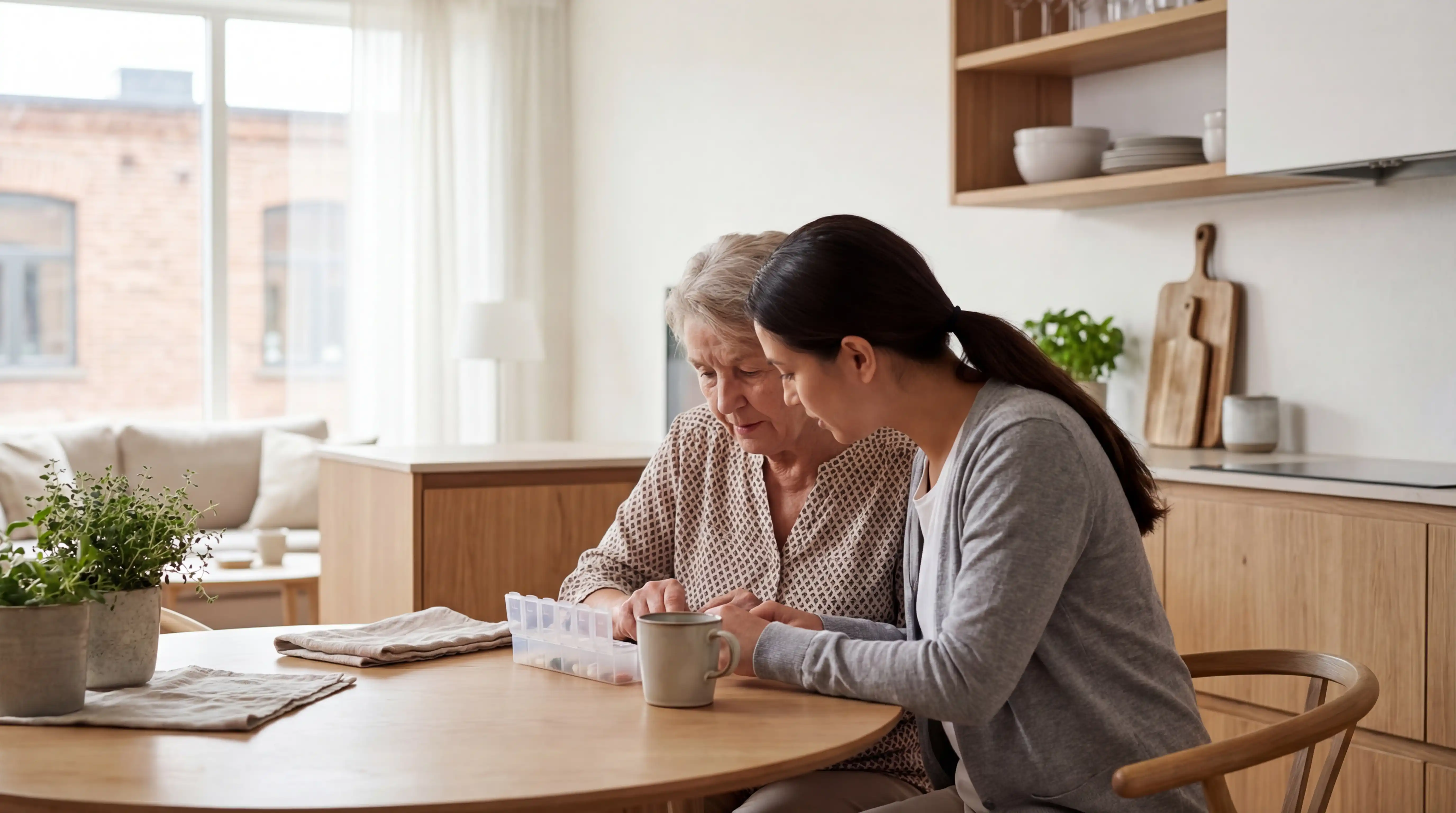 Home care aide in light blue uniform seated beside an elderly woman at a bright kitchen table in a comfortable Albany-area suburban home