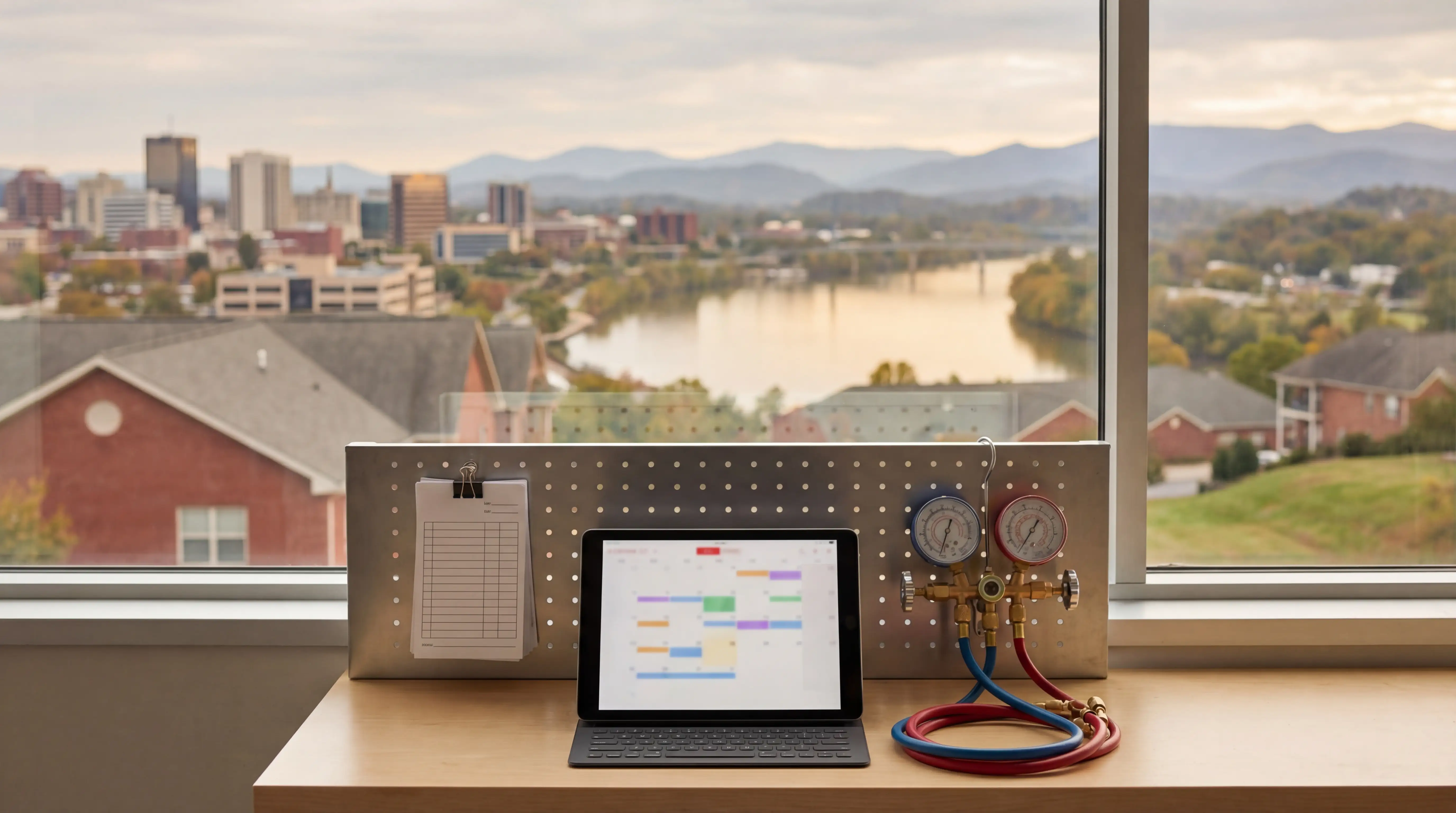 Professional HVAC technician service van parked beside a residential brick home in Farragut, West Knoxville, Tennessee, with Appalachian foothills in the background