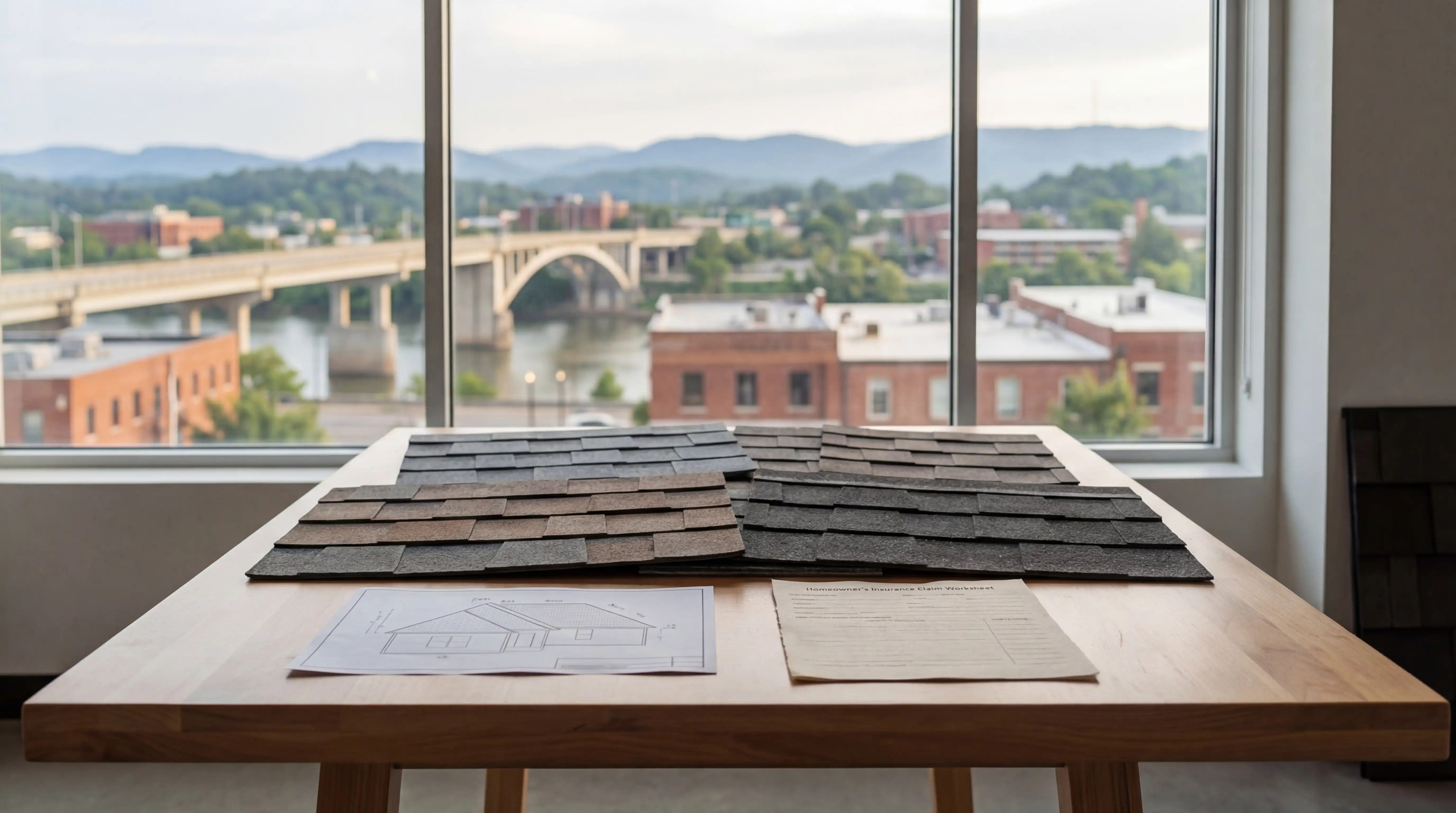 Professional roofing contractor inspecting residential roof in Farragut, Knox County, Tennessee with Great Smoky Mountains foothills visible in background