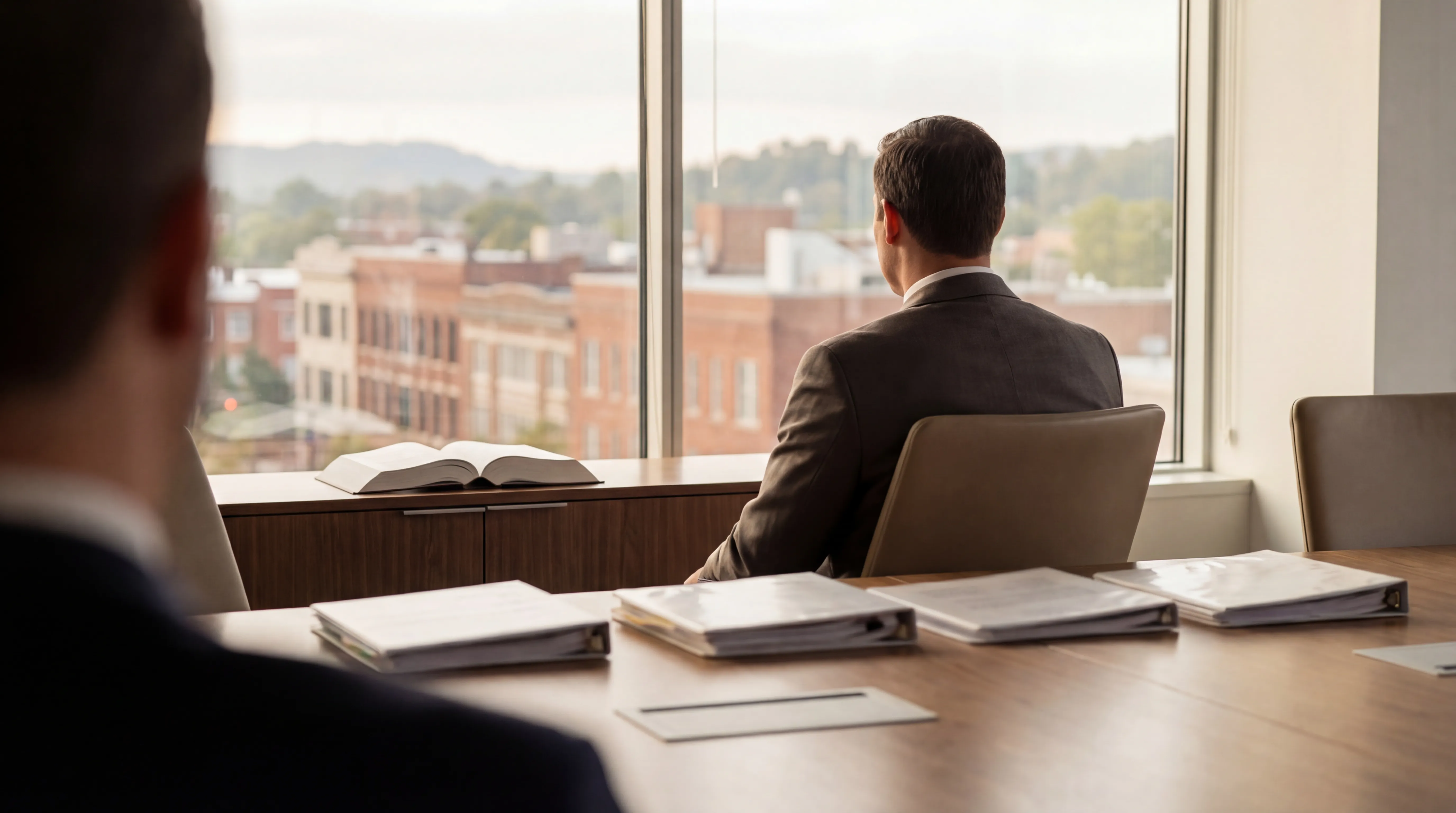 Professional law office consultation room in downtown Knoxville, Tennessee with Tennessee River and Appalachian foothills visible through window