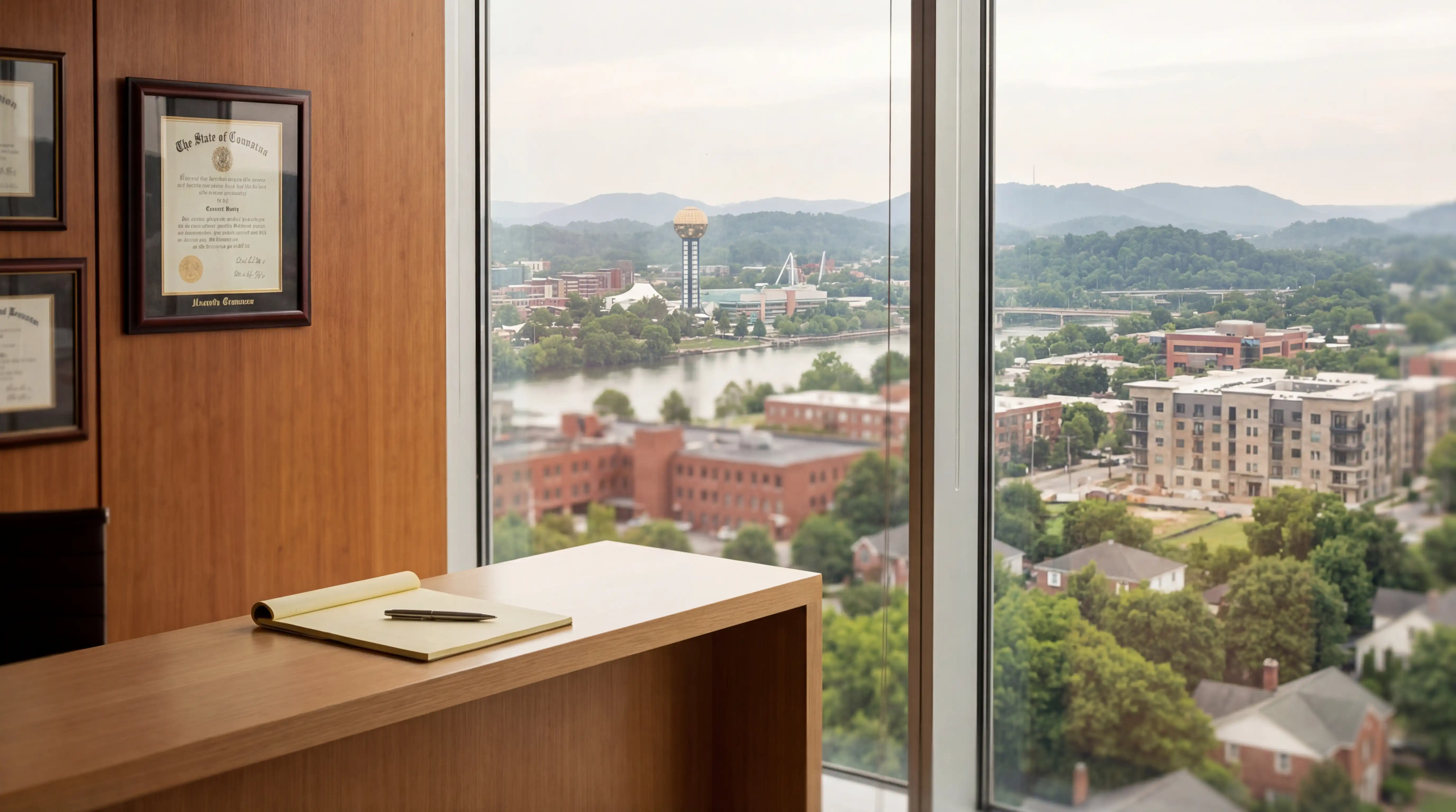 Professional law office consultation room in downtown Knoxville, Tennessee with Tennessee River and Appalachian foothills visible through window