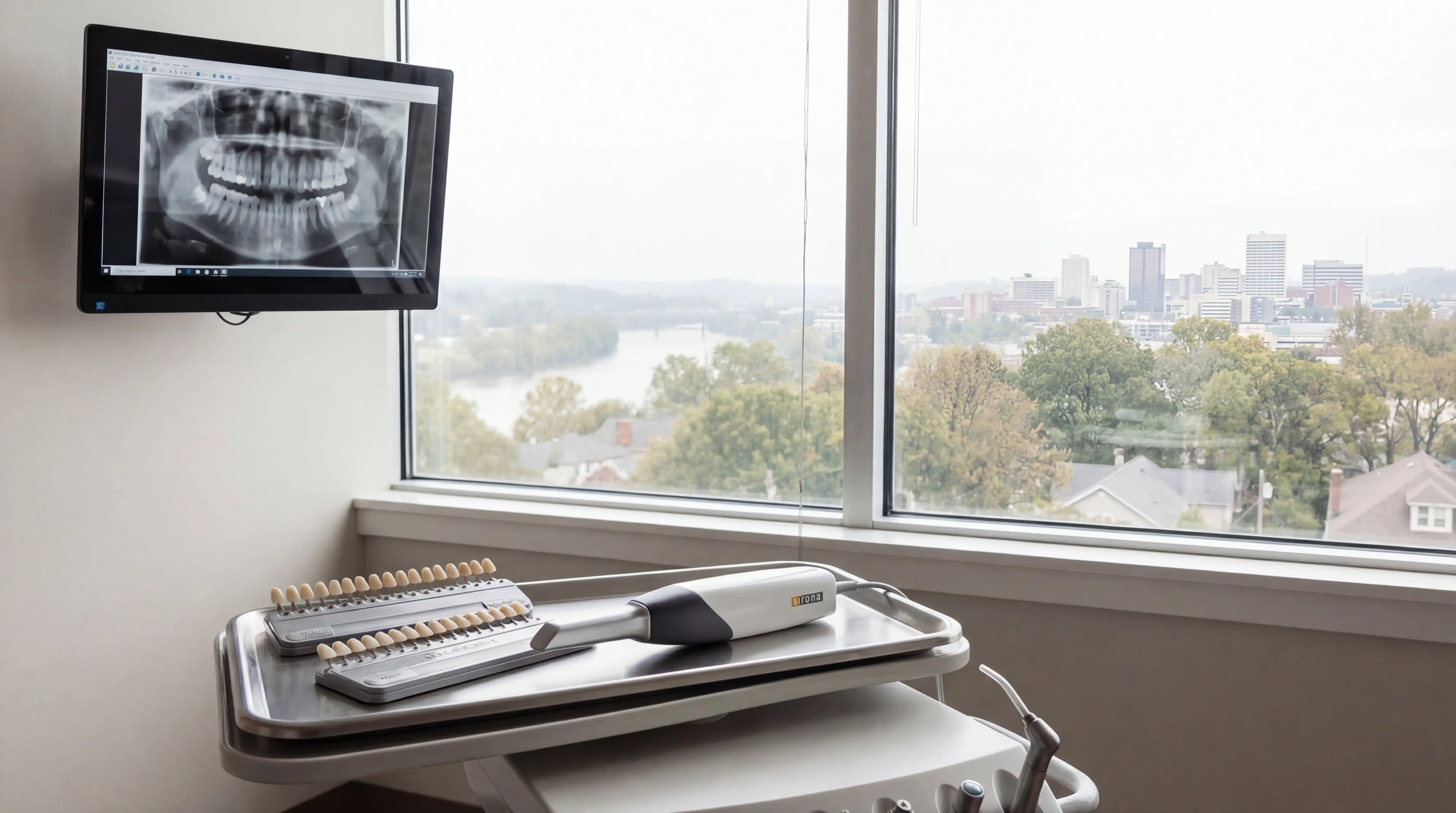 Modern dental practice consultation room in West Knoxville, Tennessee with natural light and Tennessee hills visible through window, professional dentist reviewing treatment plan with patient