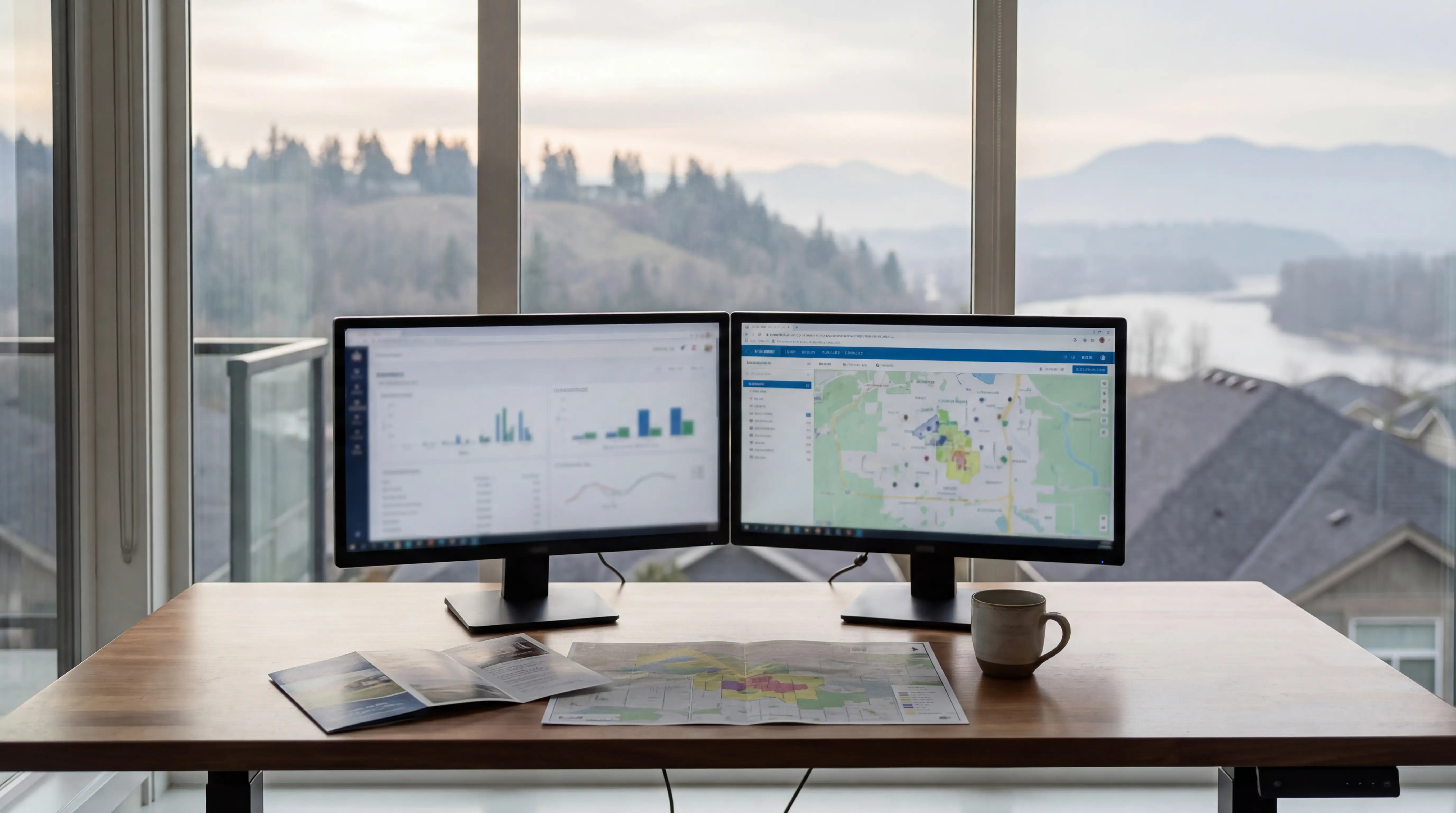 Real estate agent reviewing Knoxville submarket map at professional desk with Tennessee River valley visible through window, West Knoxville Tennessee