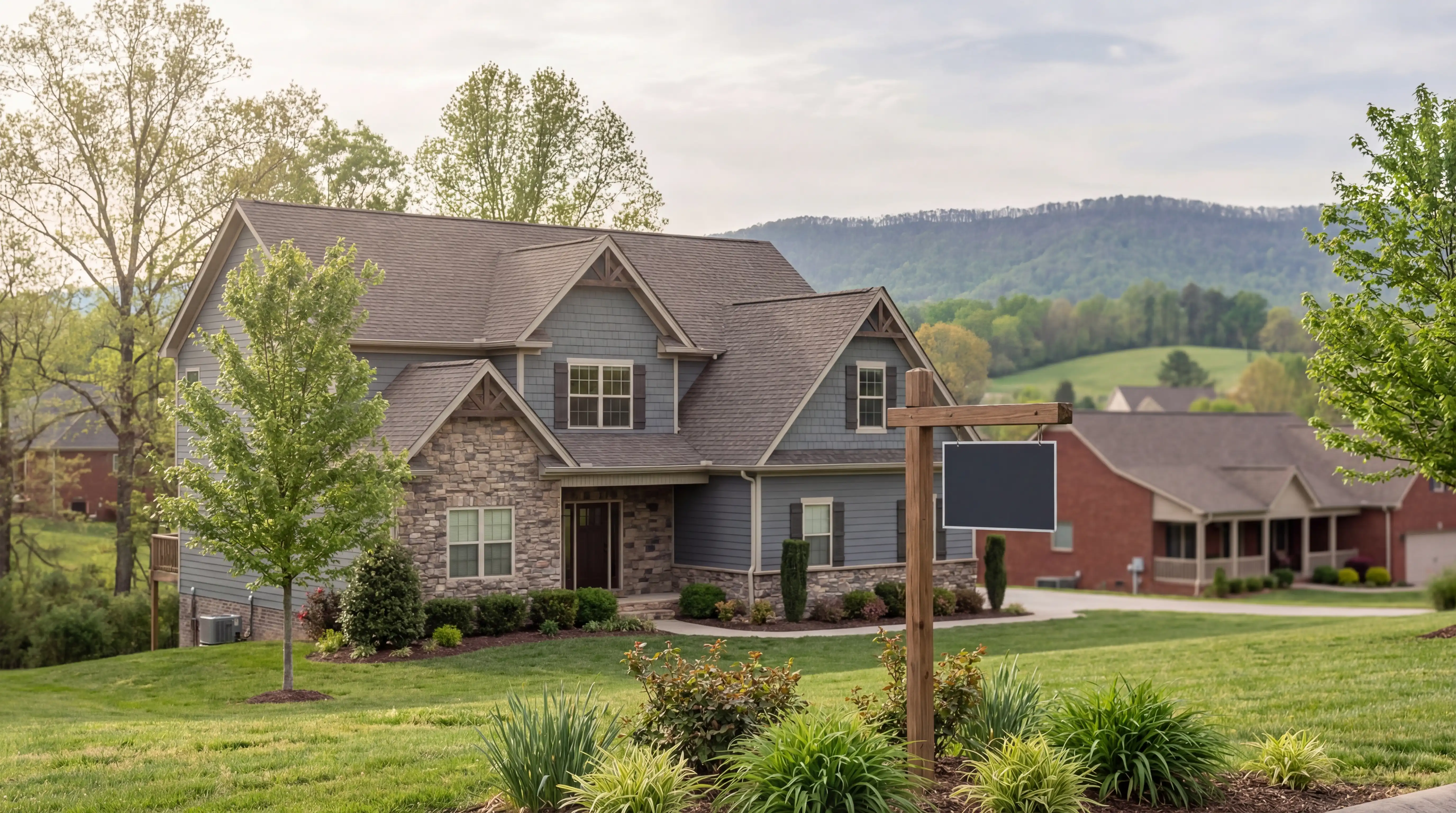 Real estate agent reviewing Knoxville submarket map at professional desk with Tennessee River valley visible through window, West Knoxville Tennessee