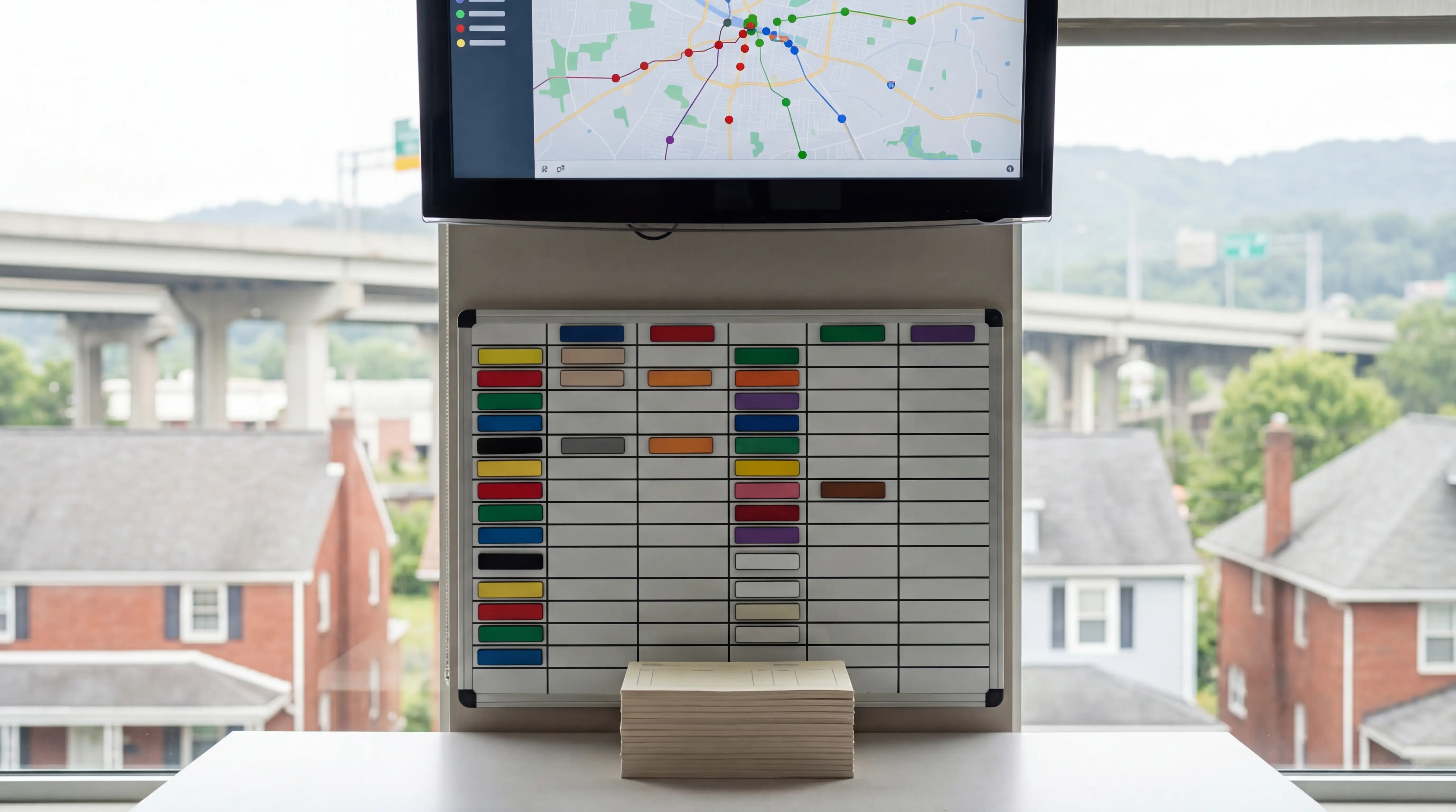 Moving truck parked in front of craftsman bungalow in Knoxville Fourth and Gill neighborhood, movers carrying furniture under Appalachian hardwood canopy, Tennessee spring morning