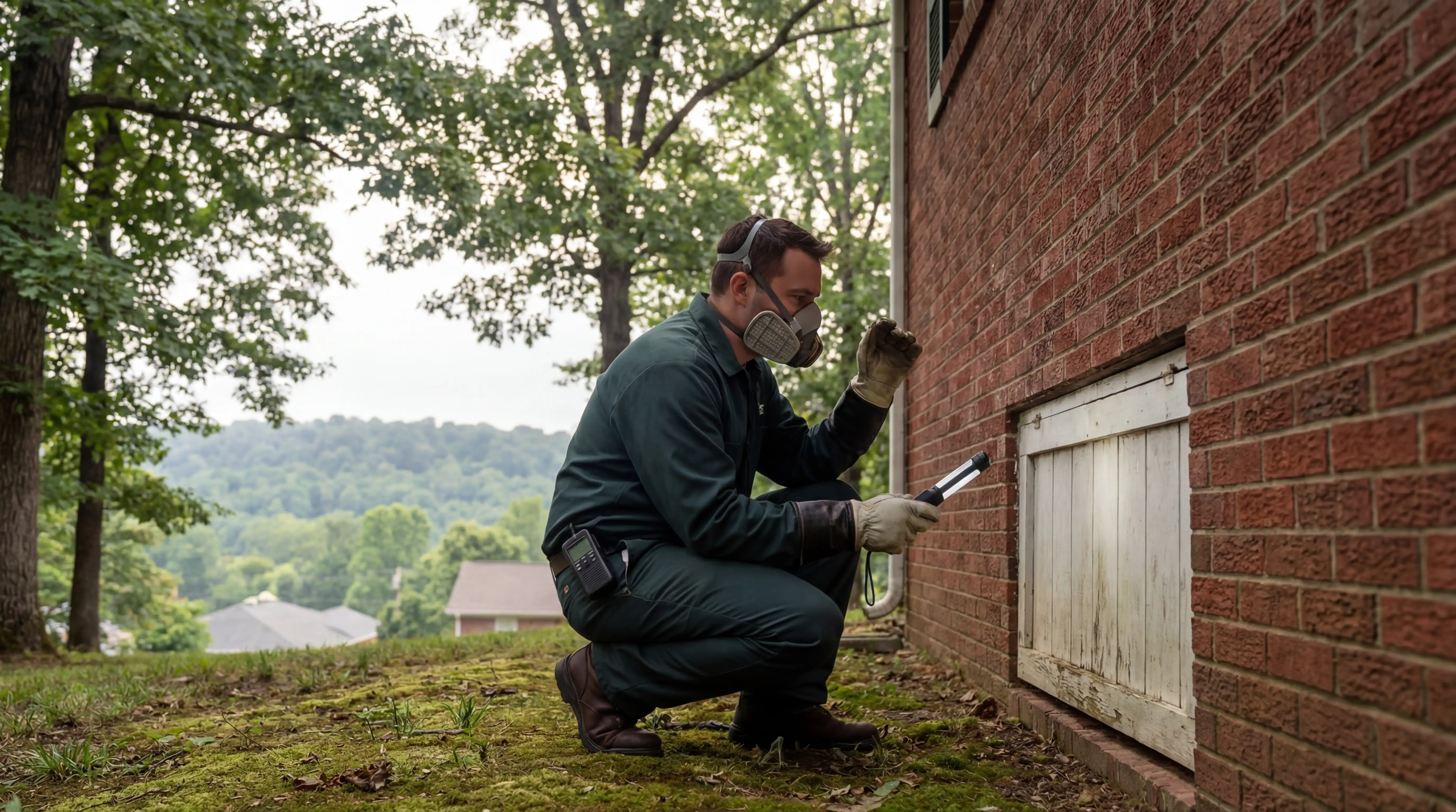 Pest control technician in branded uniform inspecting crawl space foundation of 1960s brick ranch home in North Knoxville under Appalachian hardwood canopy, moisture meter and inspection light in hand