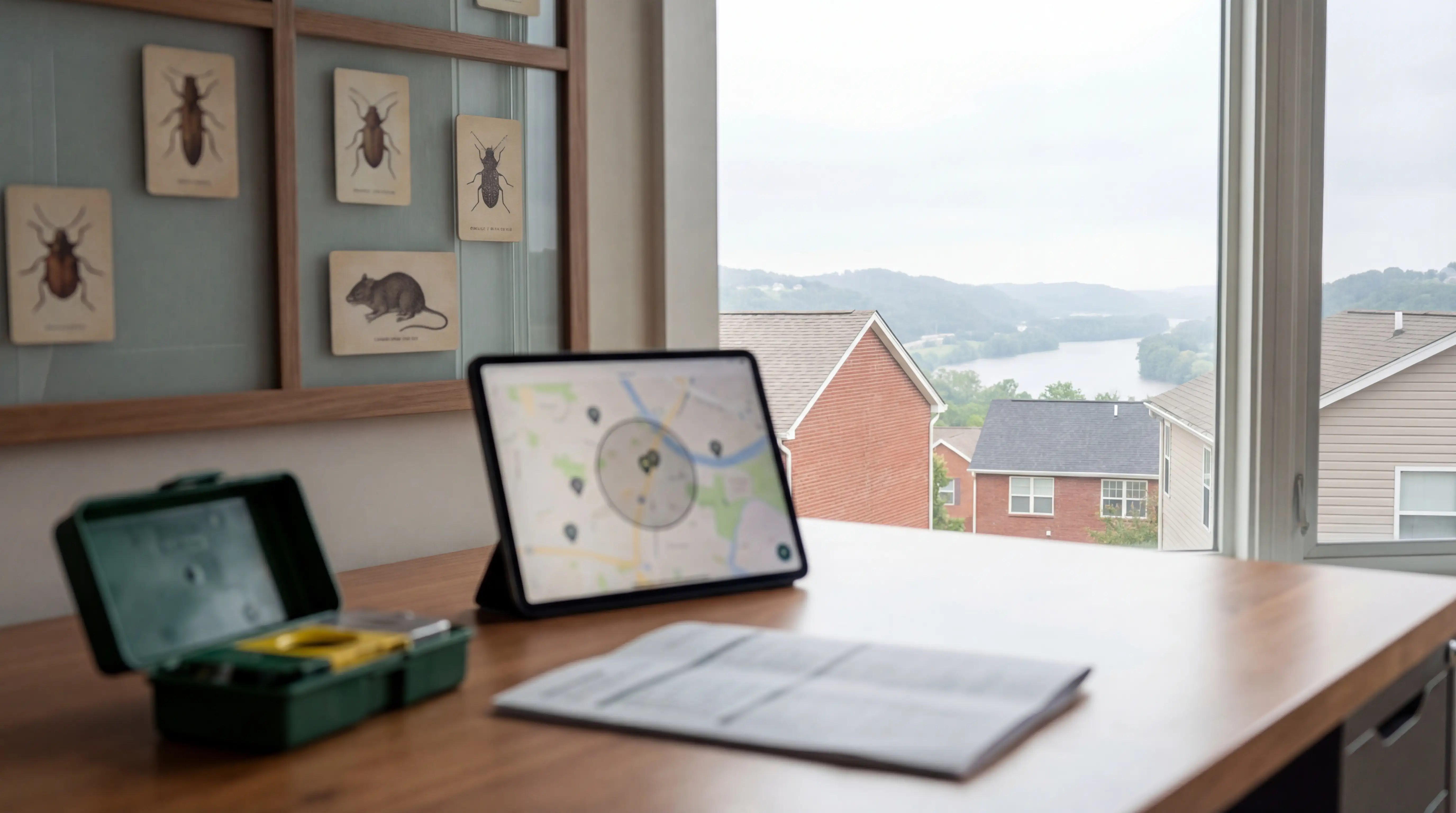 Pest control technician in branded uniform inspecting crawl space foundation of 1960s brick ranch home in North Knoxville under Appalachian hardwood canopy, moisture meter and inspection light in hand