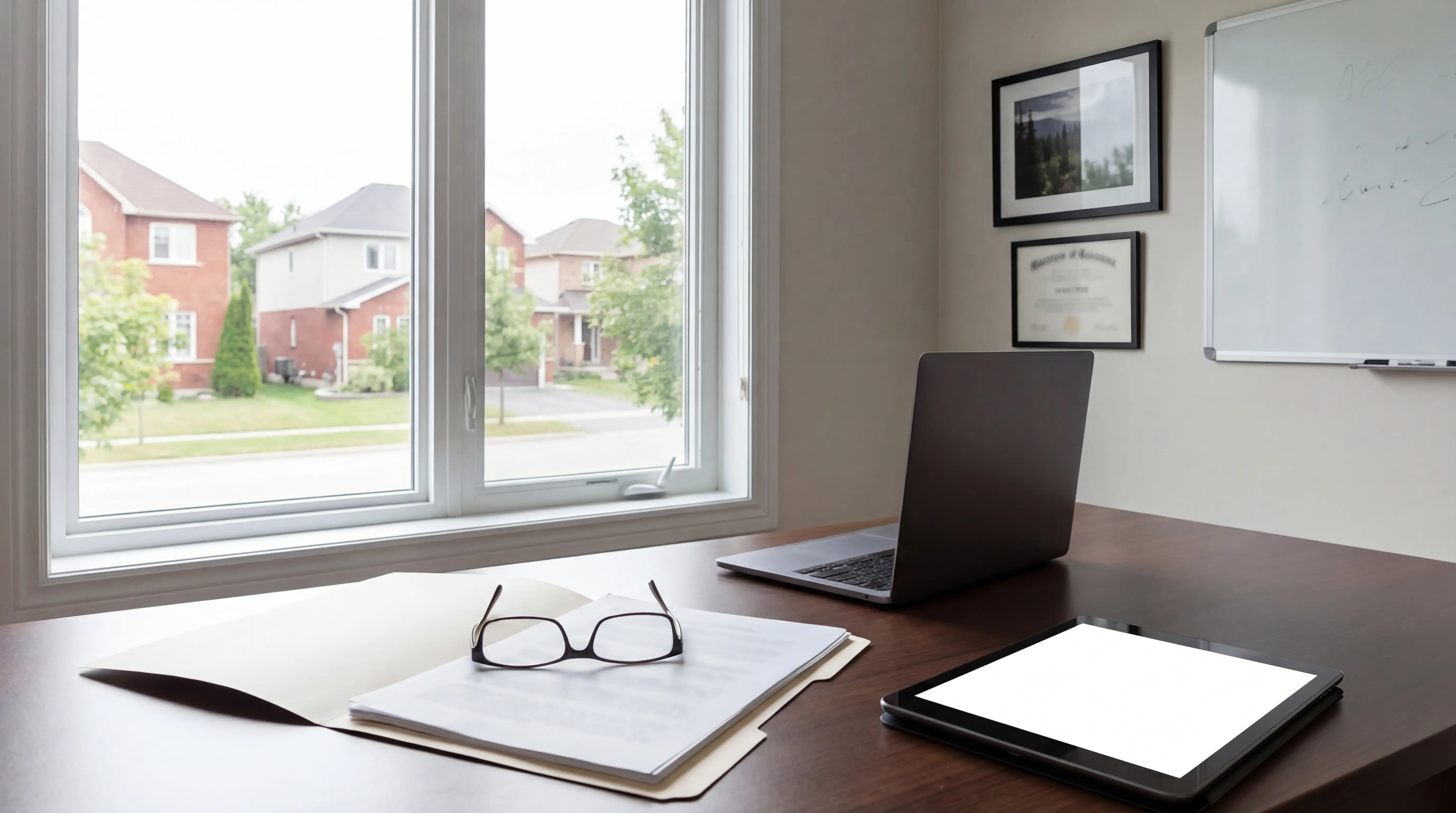 Senior care coordinator reviewing care plan with adult daughter at professional desk in West Knoxville office, Tennessee home care license certificate on wall, Knox County residential streetscape through window