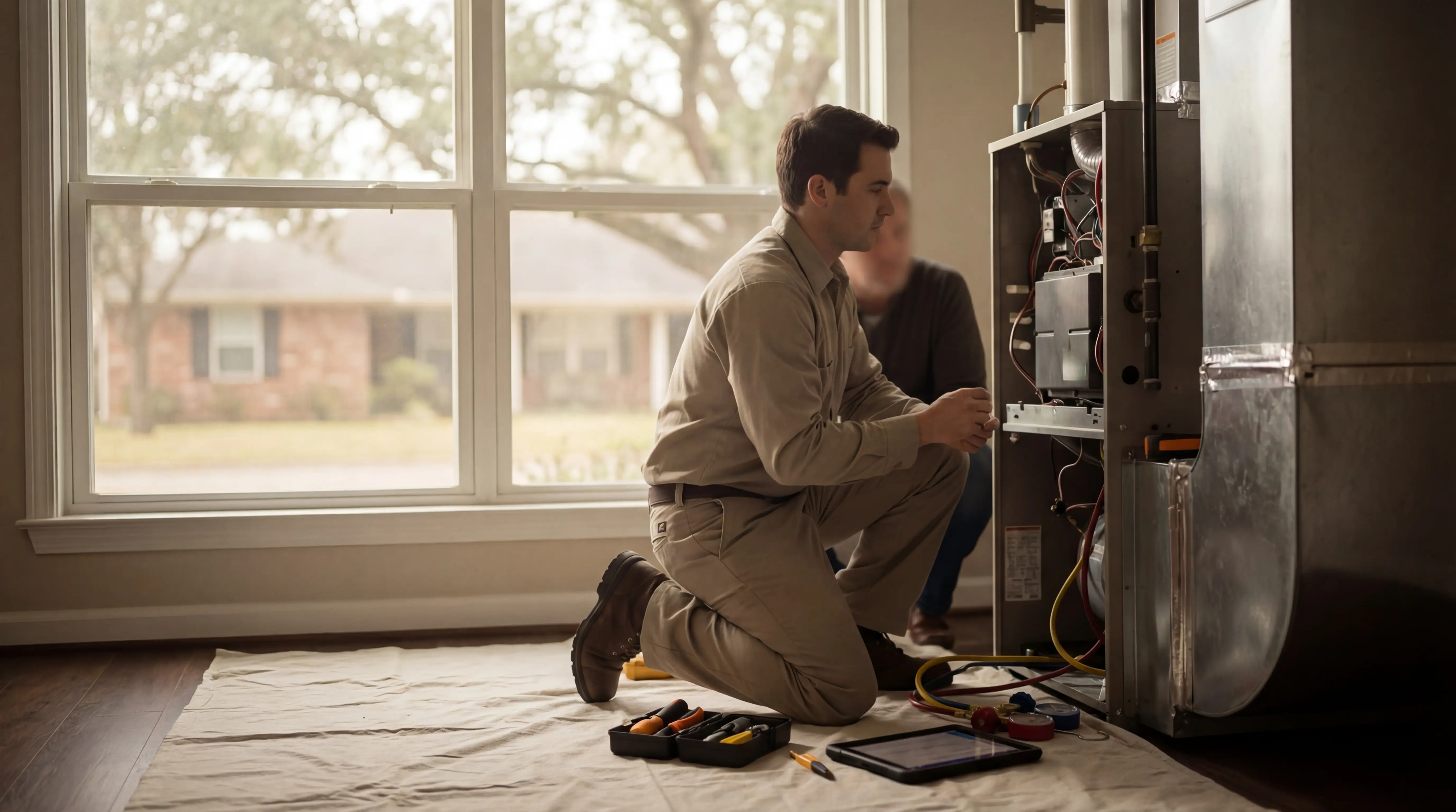 Professional HVAC technician servicing an air conditioning system at a brick ranch home in Shreveport, Louisiana