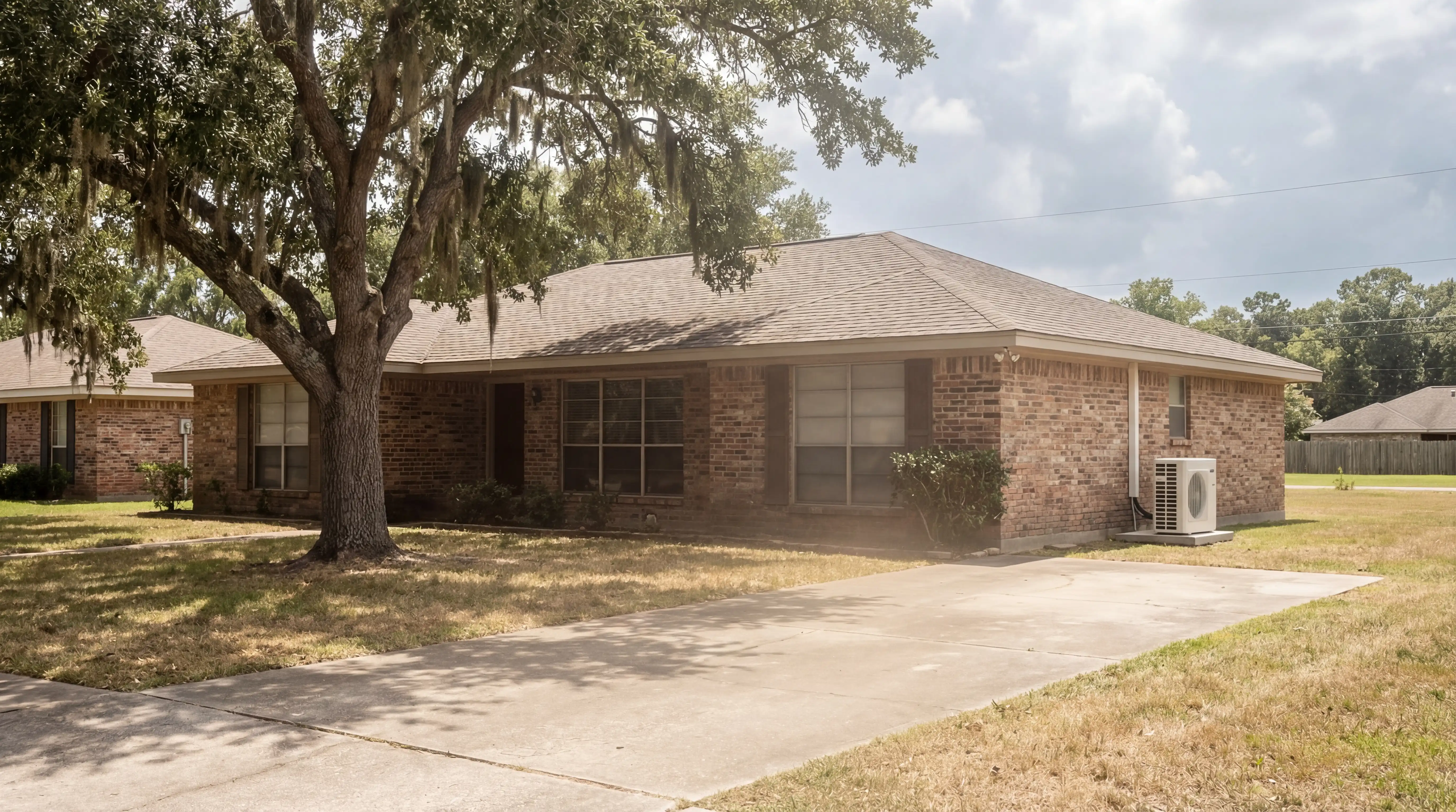 Professional HVAC technician servicing an air conditioning system at a brick ranch home in Shreveport, Louisiana