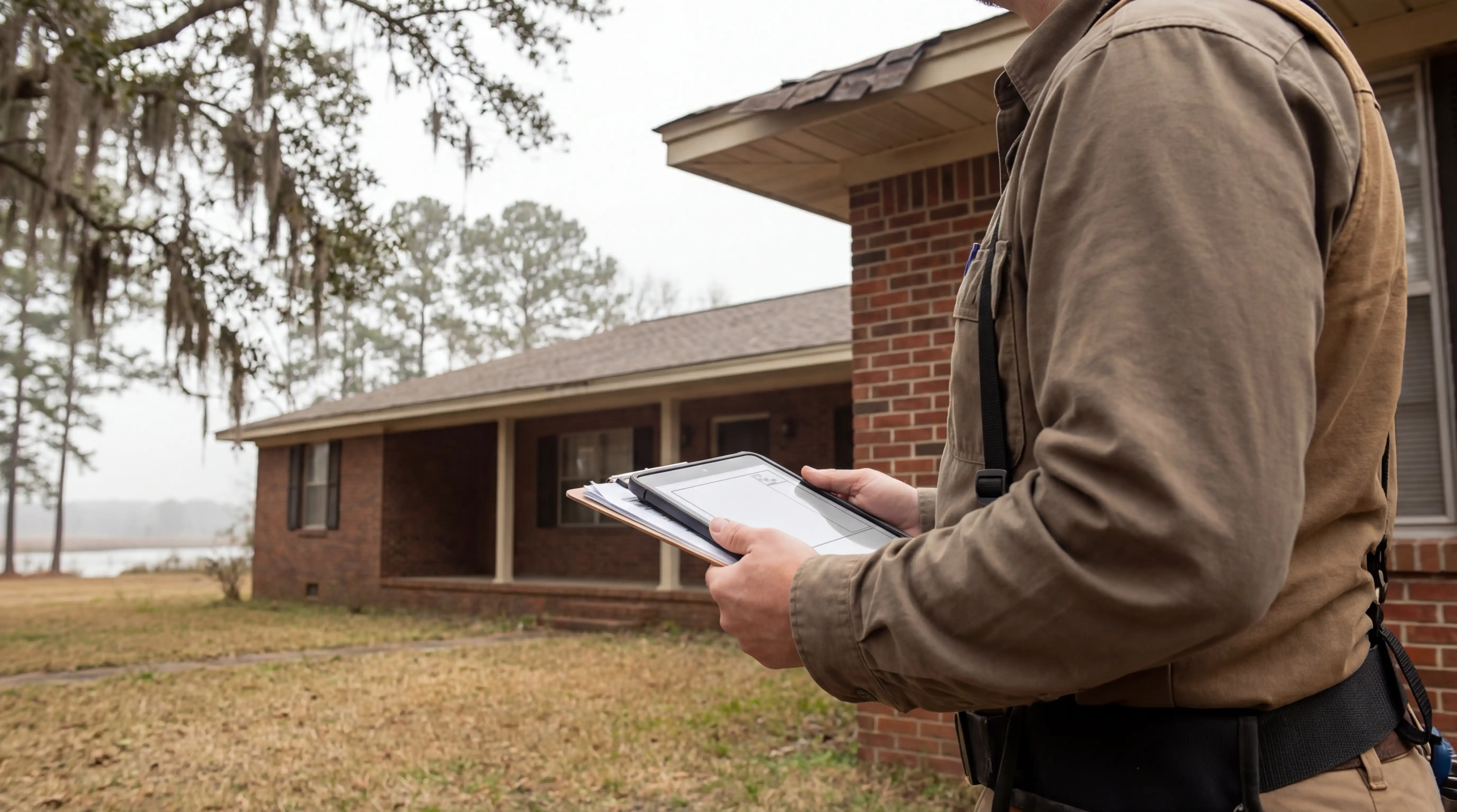 Licensed roofing contractor inspecting storm damage on a residential home in Shreveport, Louisiana