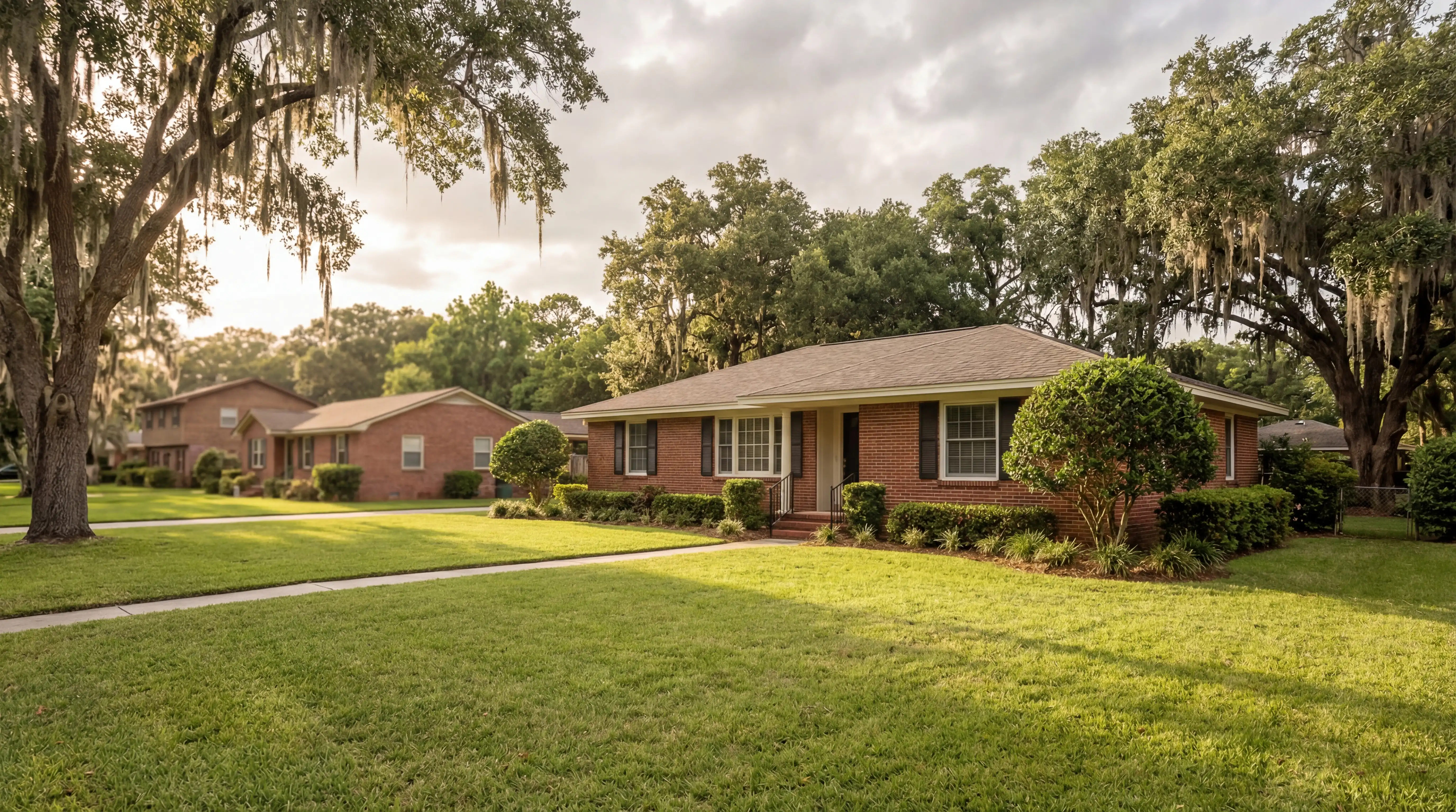 Real estate agent showing a well-maintained brick home to a couple in a Shreveport, LA residential neighborhood