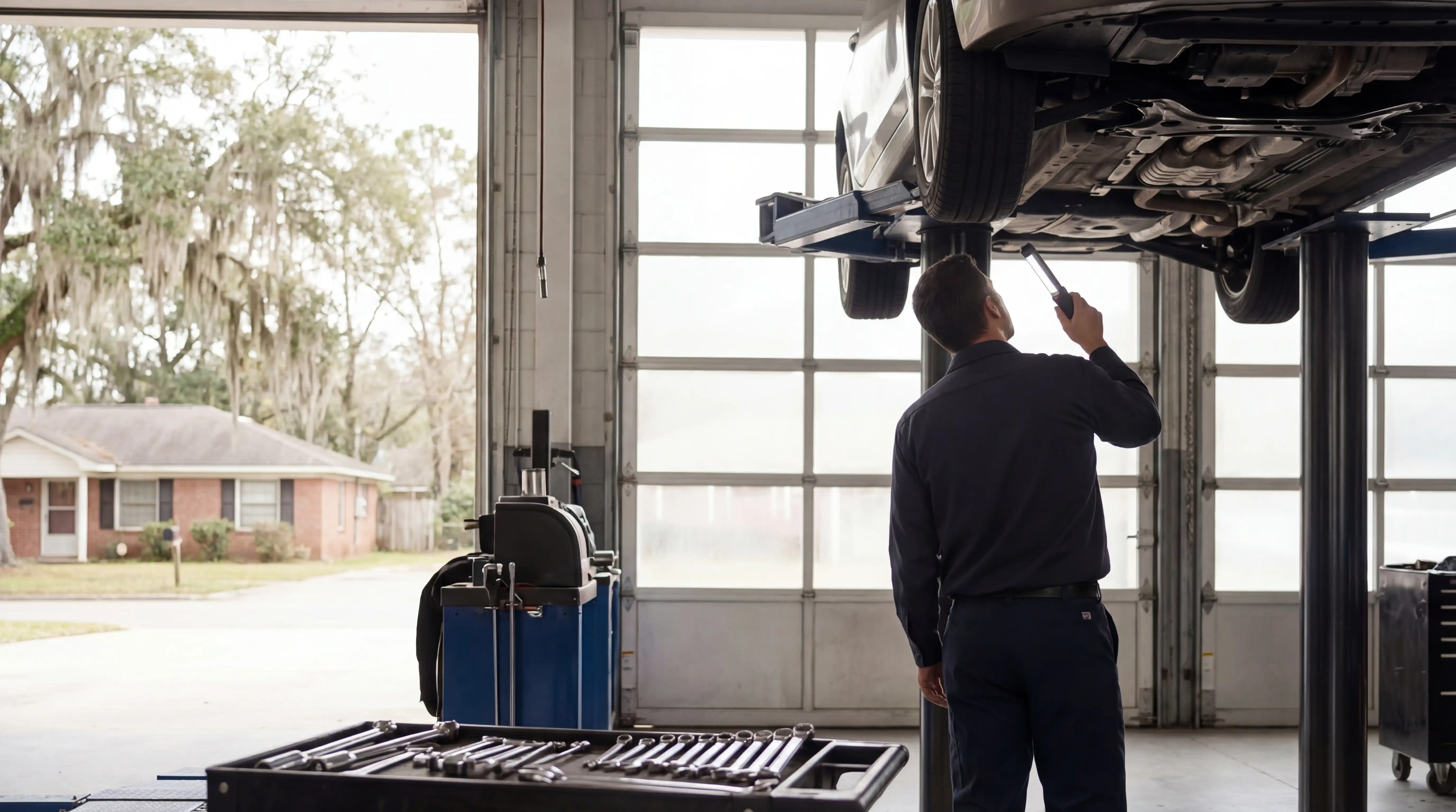 Professional auto mechanic in uniform at a Shreveport, LA automotive service shop with vehicle service bays in background