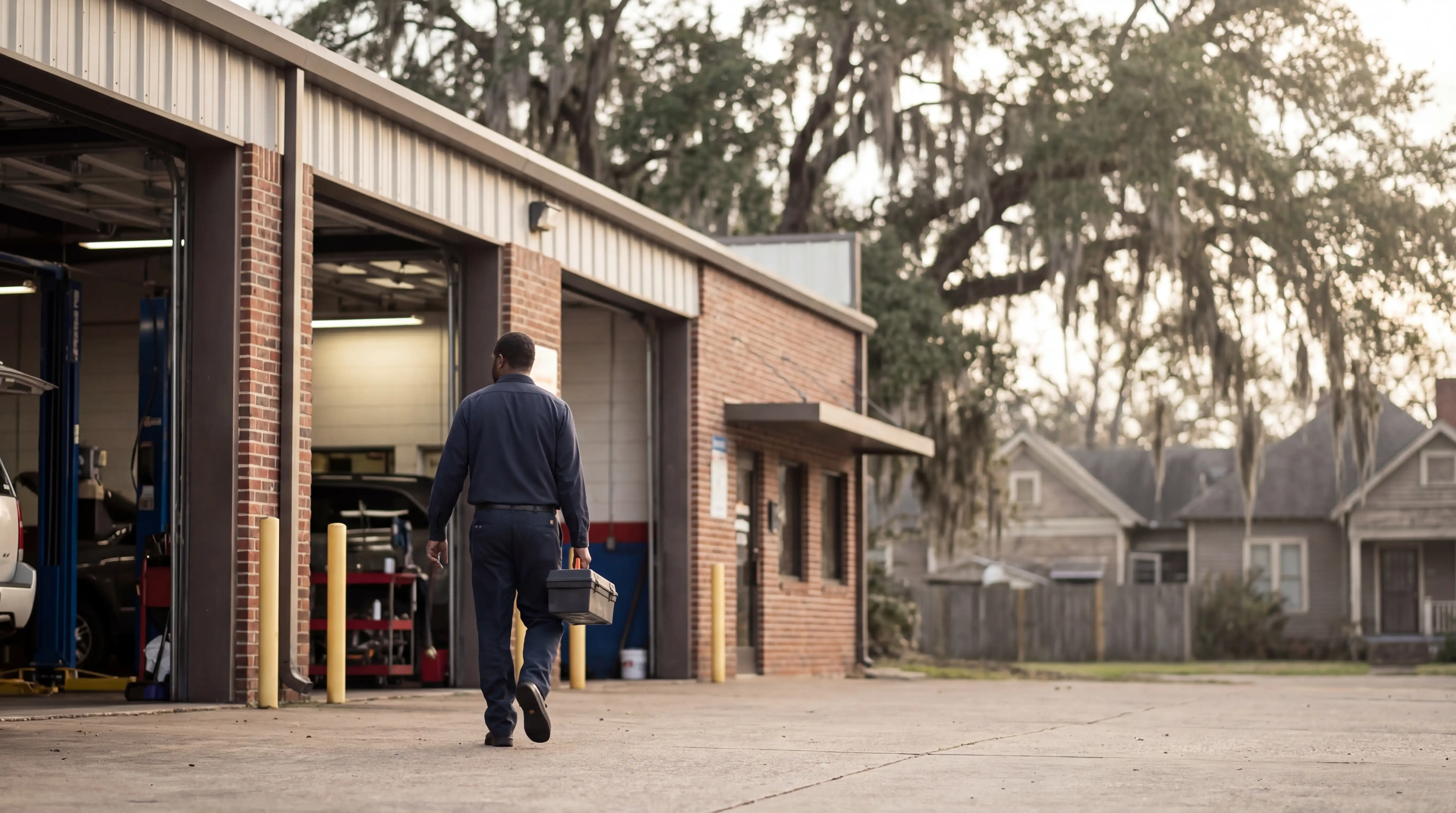 Professional auto mechanic in uniform at a Shreveport, LA automotive service shop with vehicle service bays in background