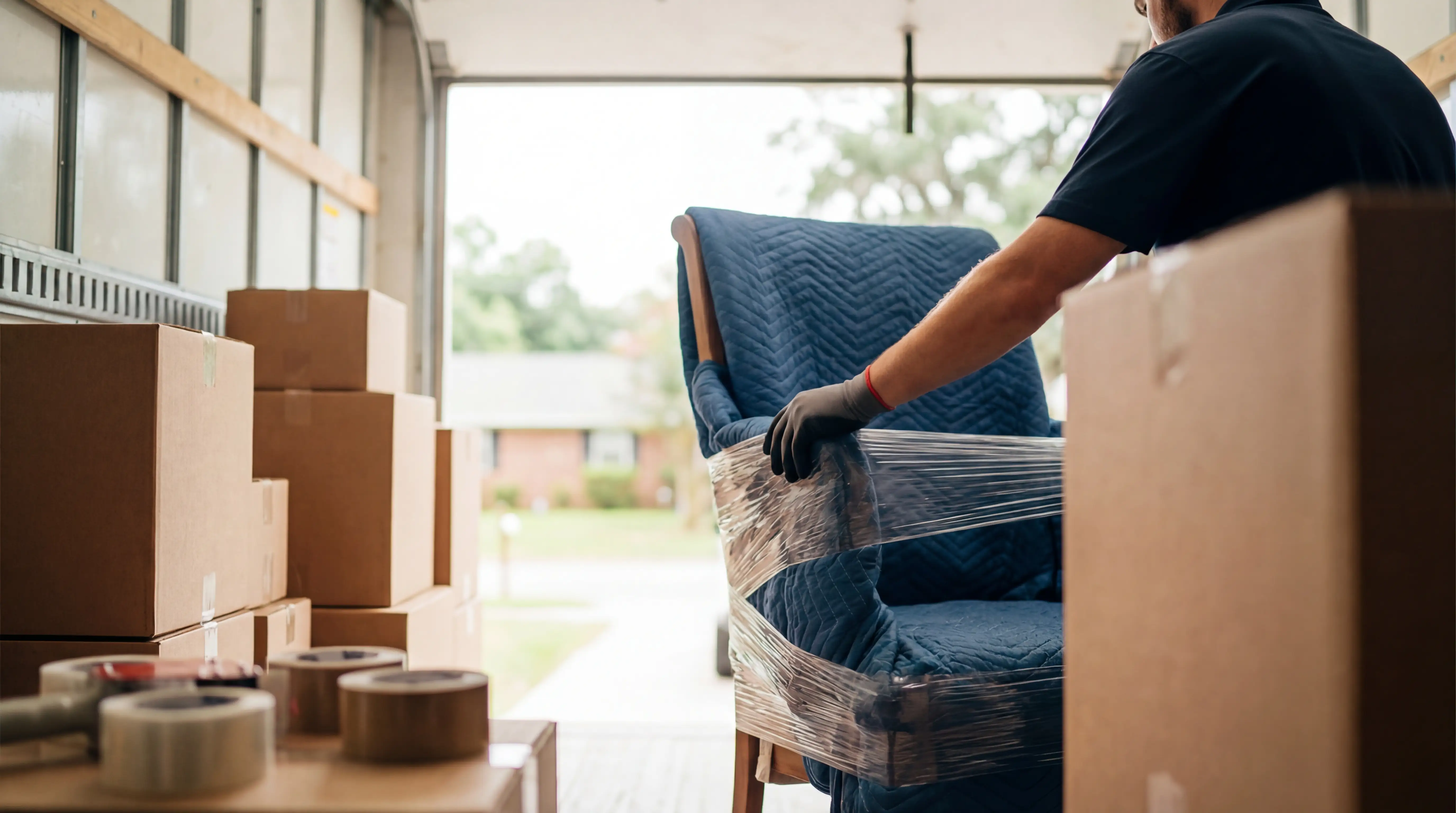 Professional moving crew loading a truck in front of a residential home in Shreveport, LA neighborhood with mature trees