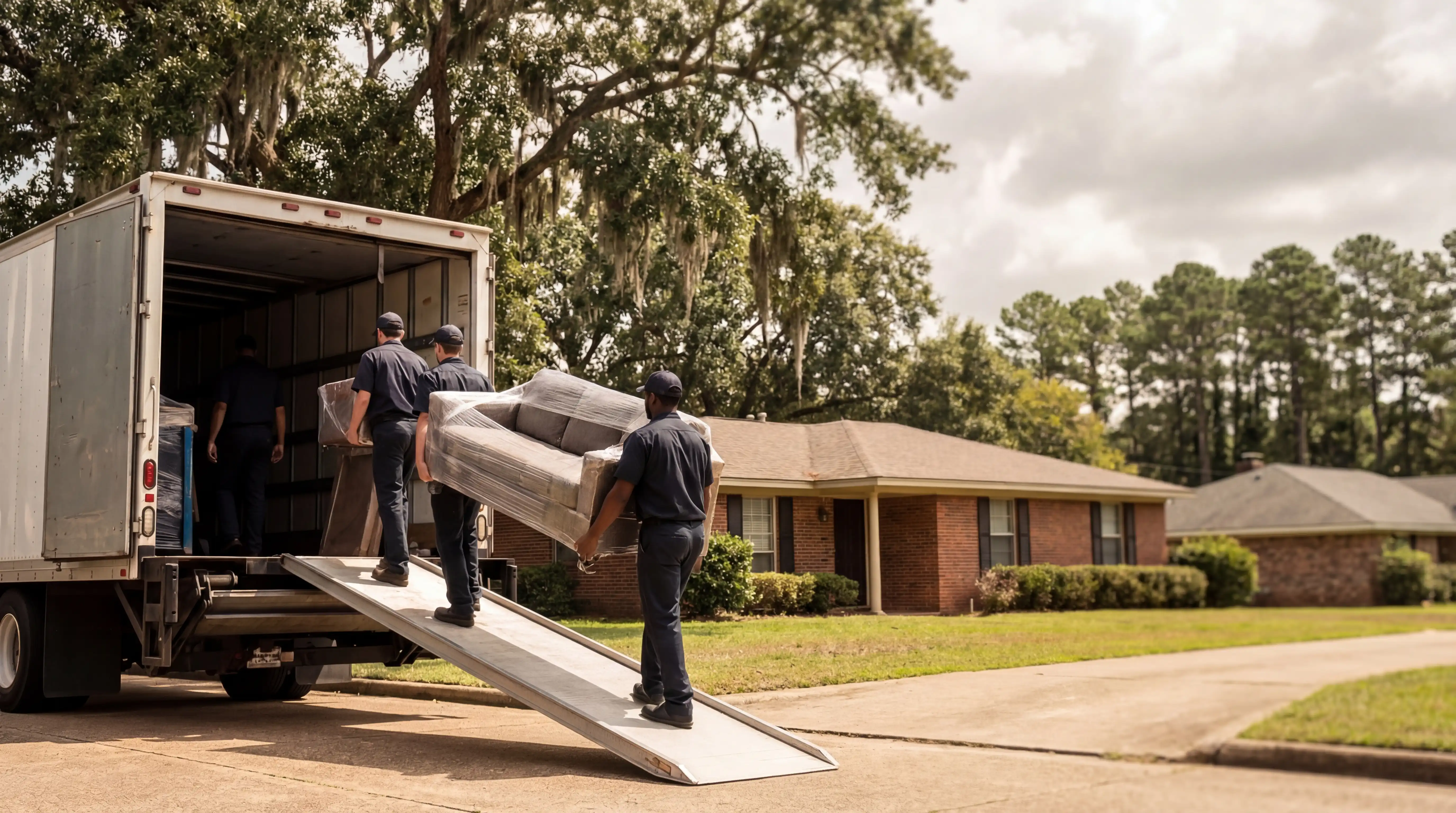 Professional moving crew loading a truck in front of a residential home in Shreveport, LA neighborhood with mature trees