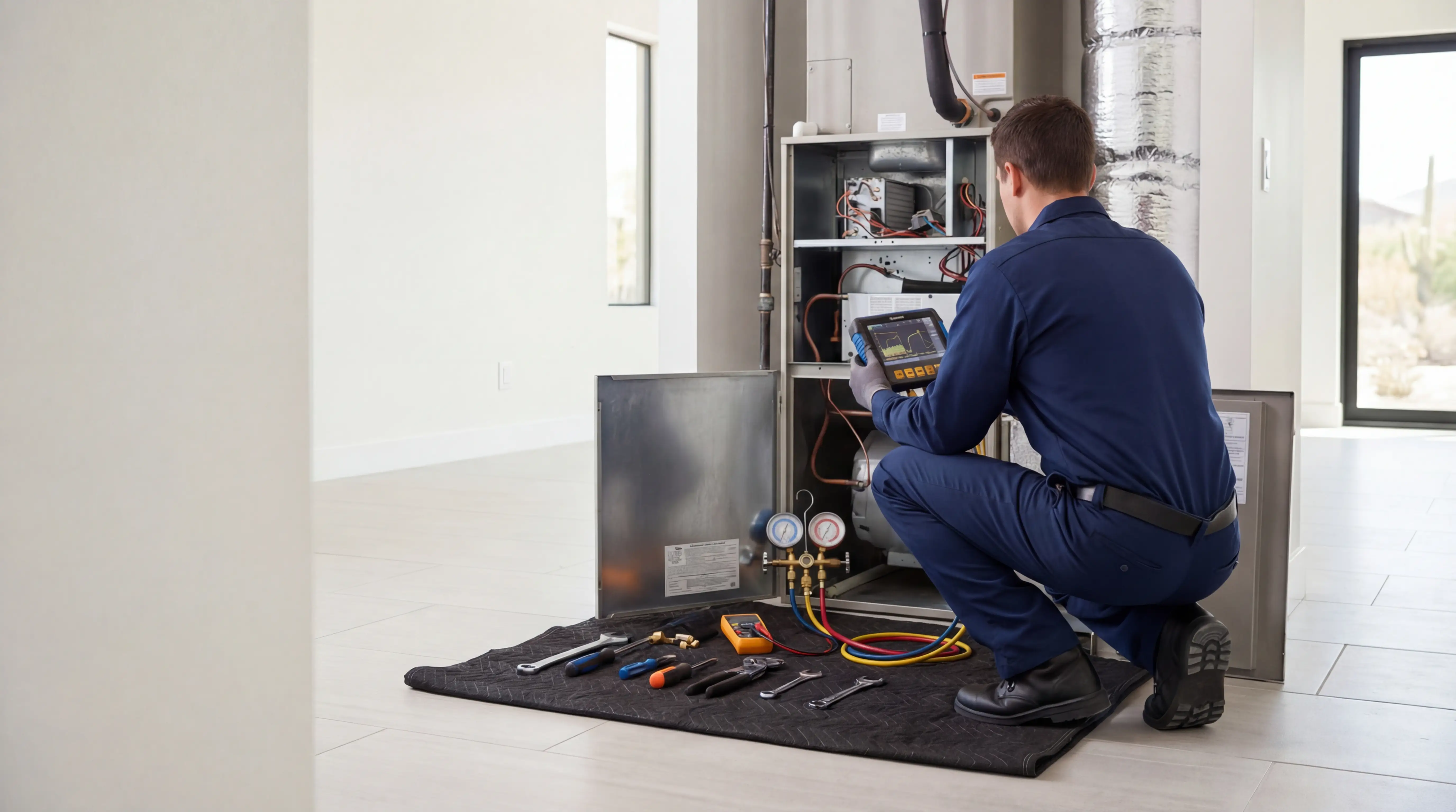 Professional HVAC technician servicing an air conditioning unit outside a stucco home in Tempe, AZ