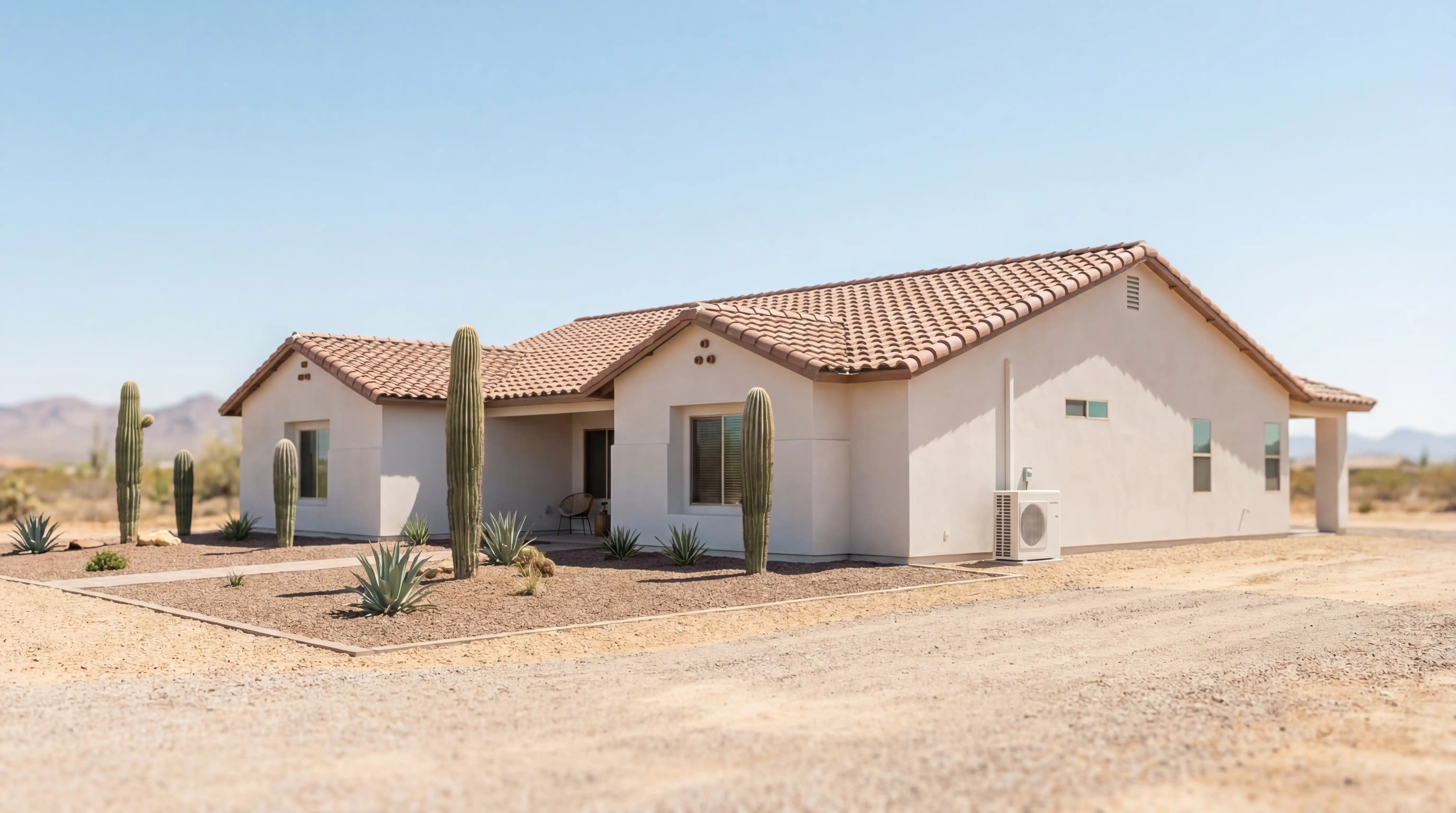Professional HVAC technician servicing an air conditioning unit outside a stucco home in Tempe, AZ