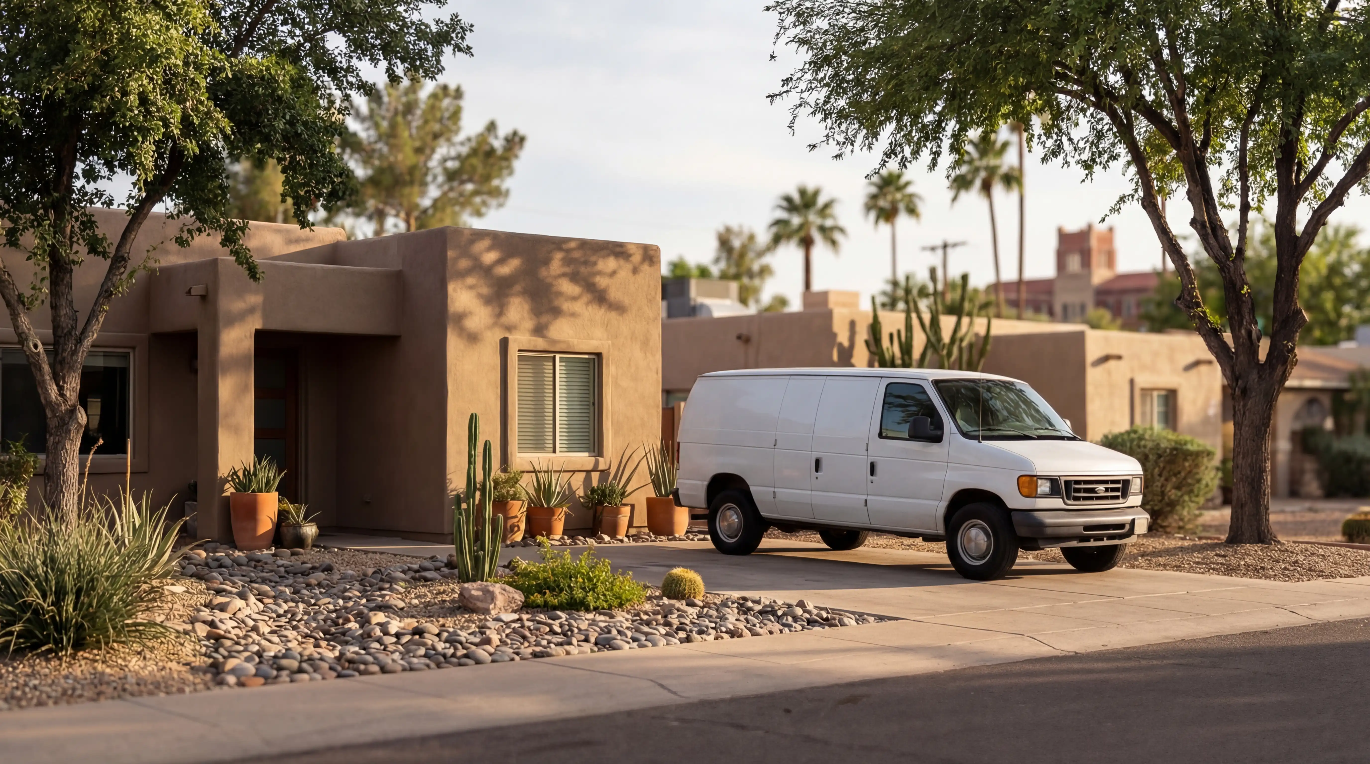 Professional plumber working on water heater pipes in a Tempe, AZ home with desert-style interior
