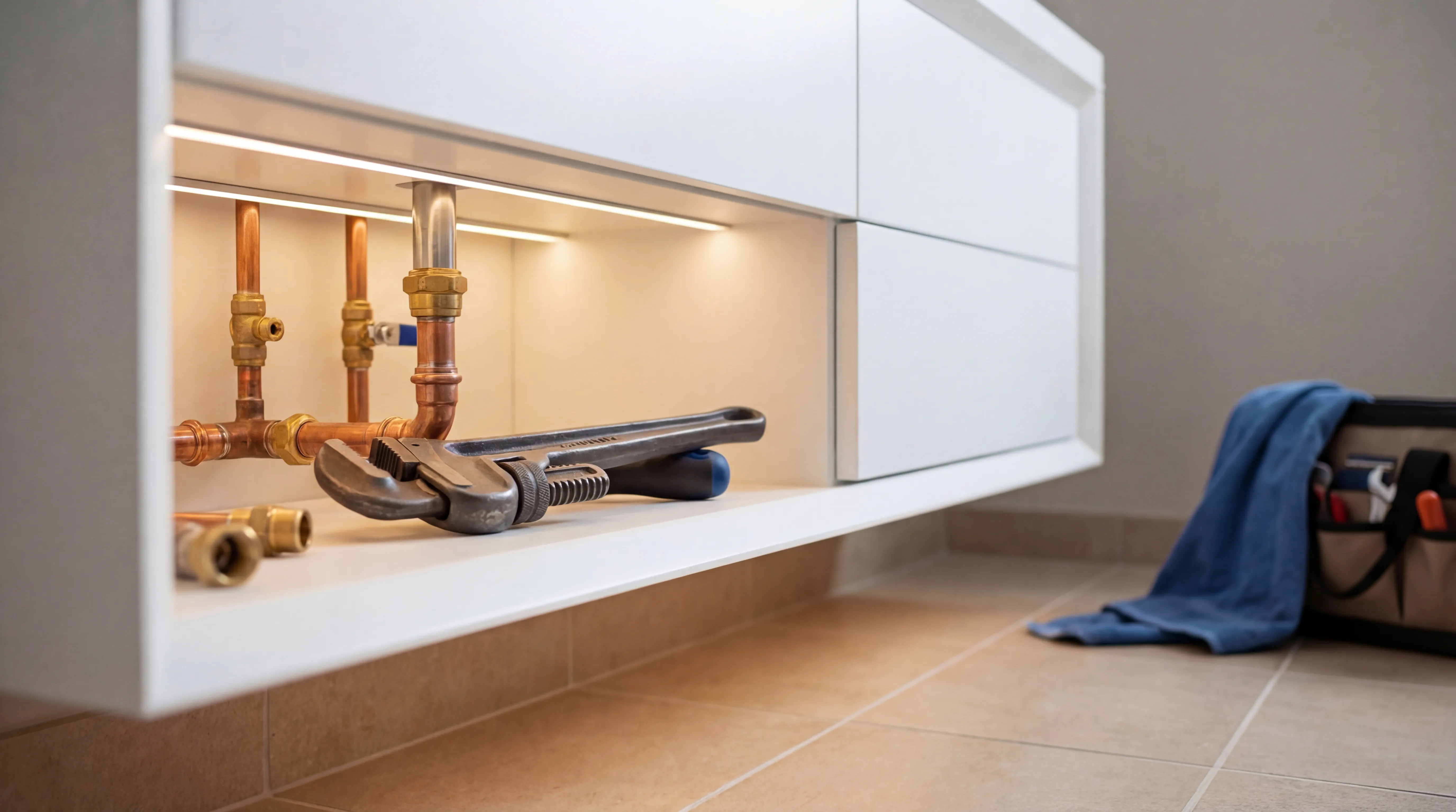 Professional plumber working on water heater pipes in a Tempe, AZ home with desert-style interior