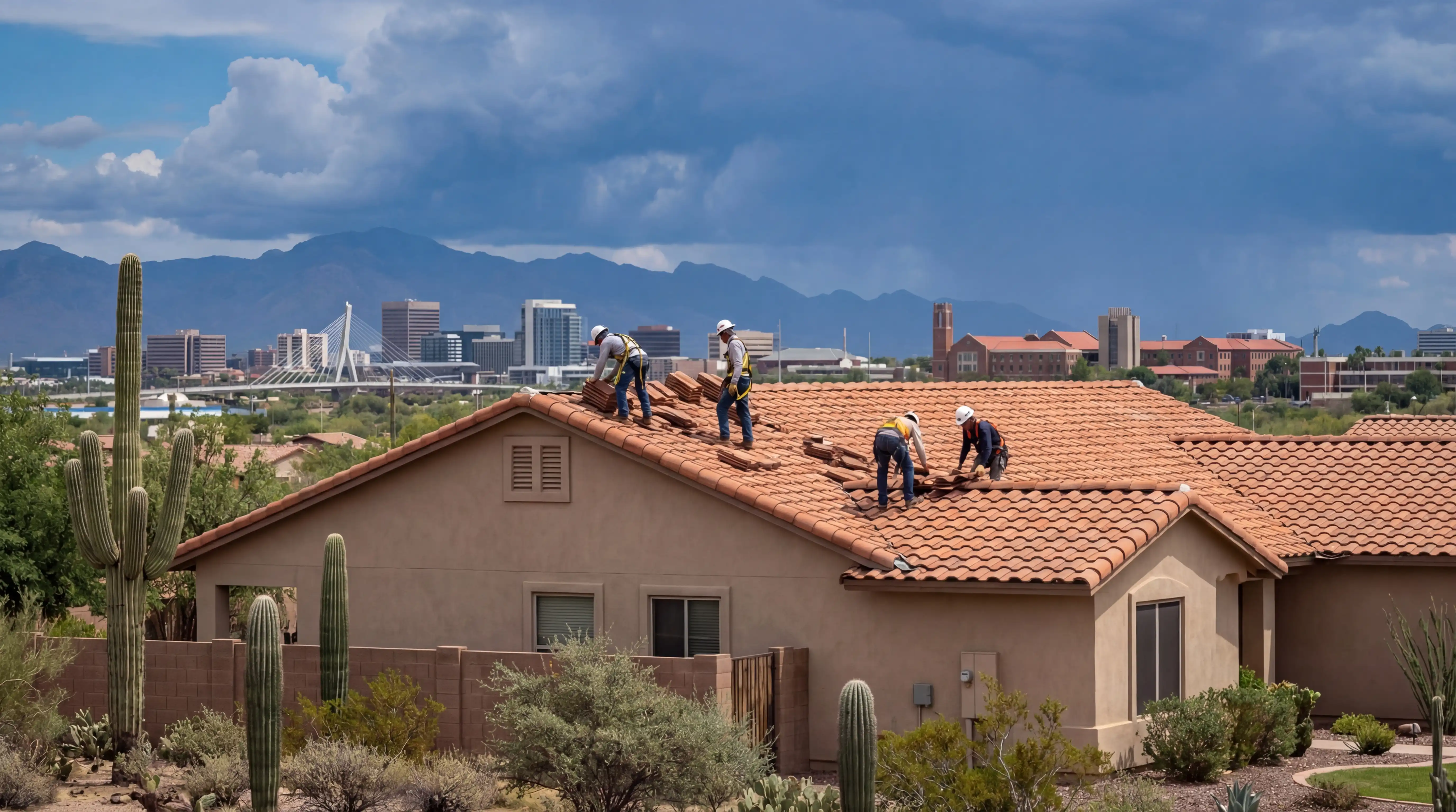 Roofing contractor inspecting clay tile roof on a Tempe, AZ home with desert landscape and blue sky background