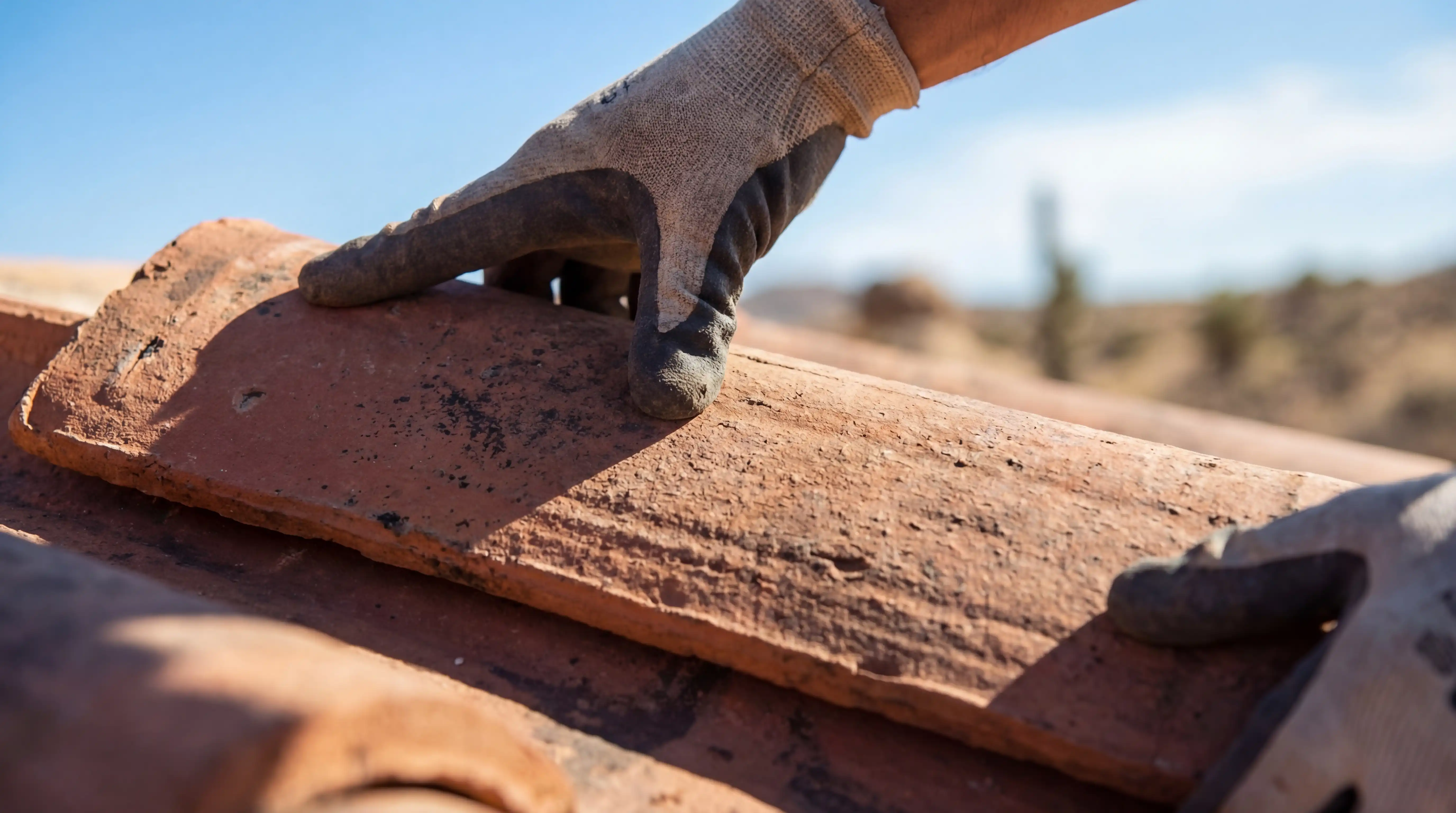 Roofing contractor inspecting clay tile roof on a Tempe, AZ home with desert landscape and blue sky background