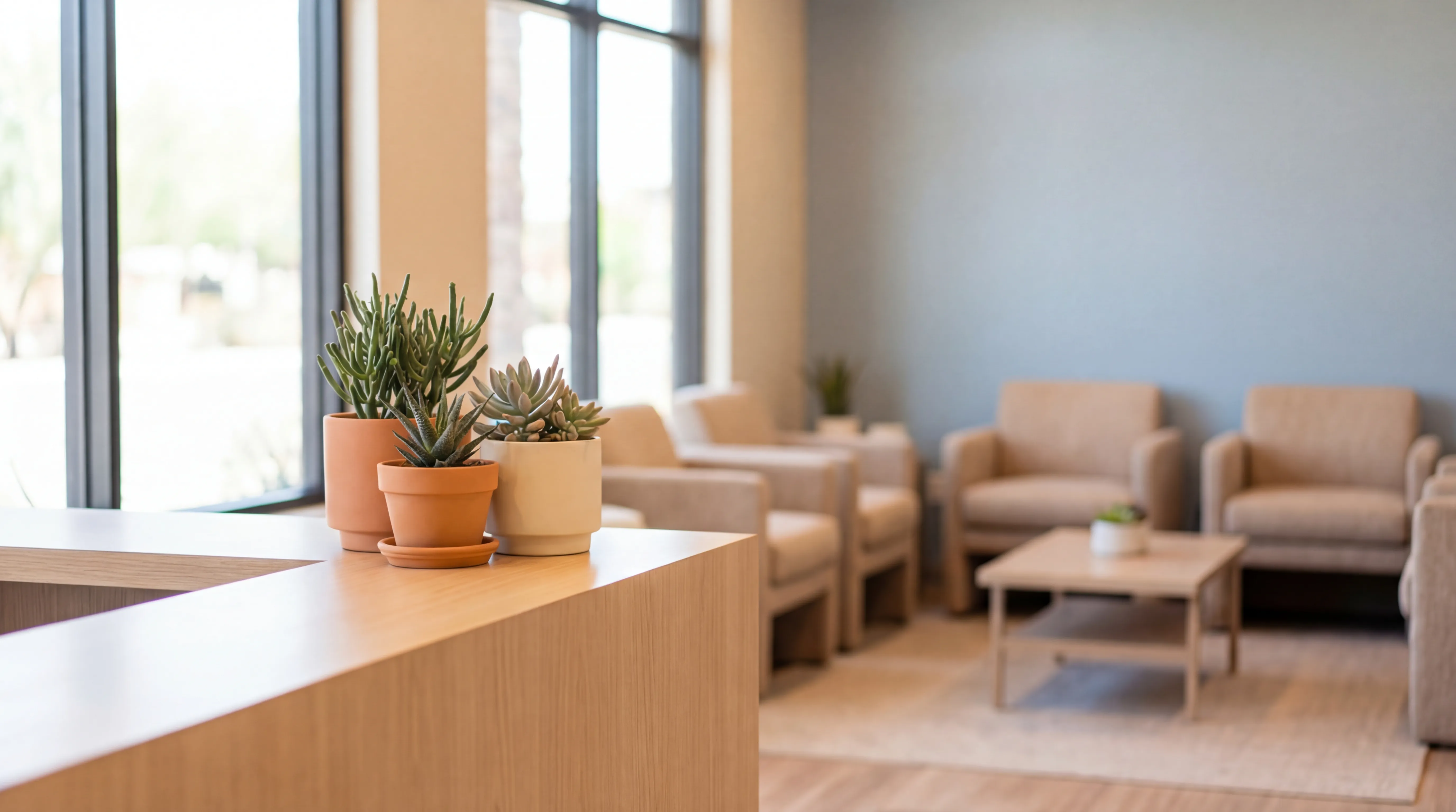 Modern dental office reception in Tempe, AZ with desert-inspired decor and welcoming professional staff