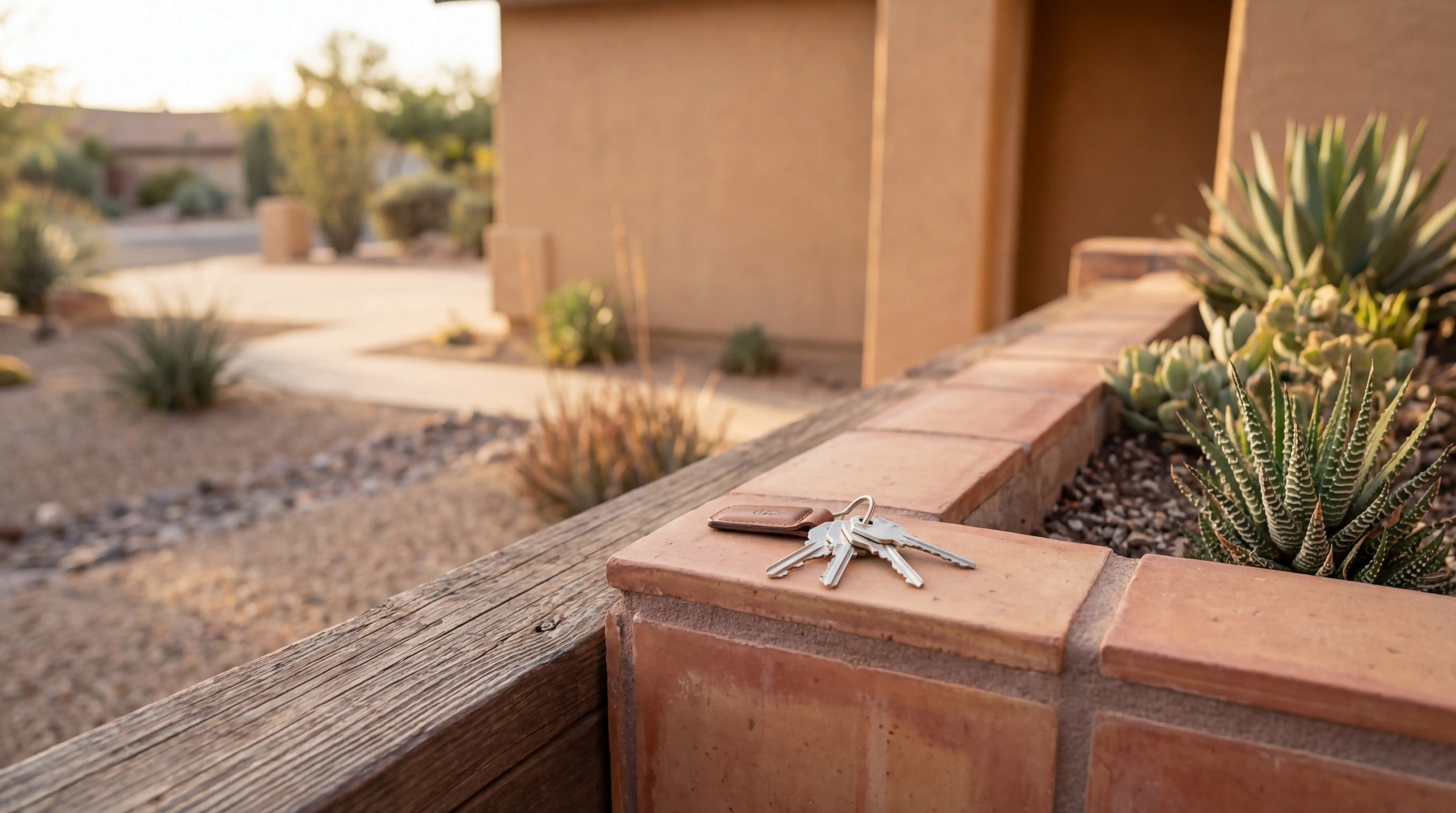 Real estate agent handing house keys to a young couple outside a stucco home in Tempe, AZ with desert landscaping