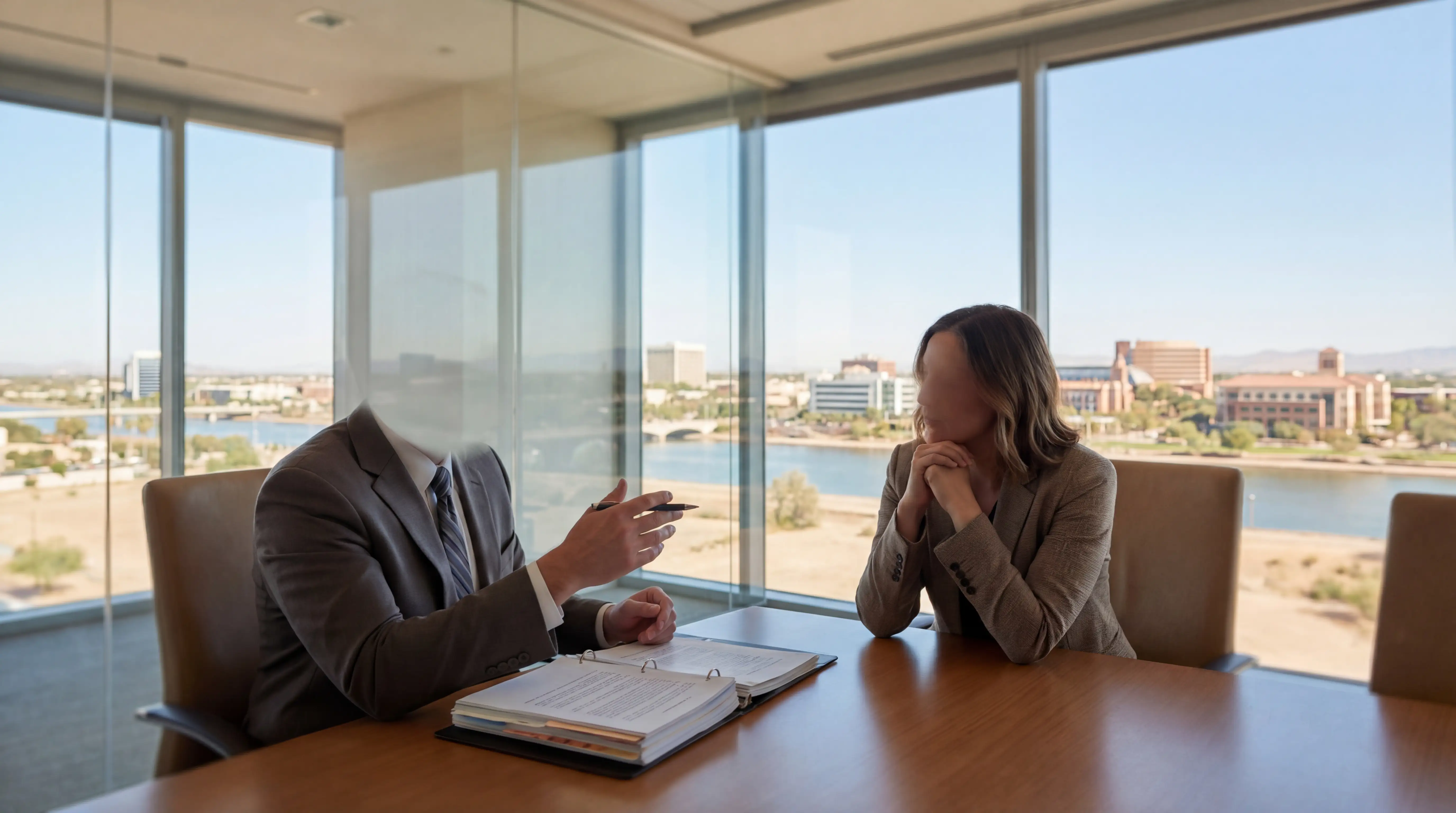 Professional attorney in business attire standing outside a modern law office building in Tempe, AZ with desert landscaping