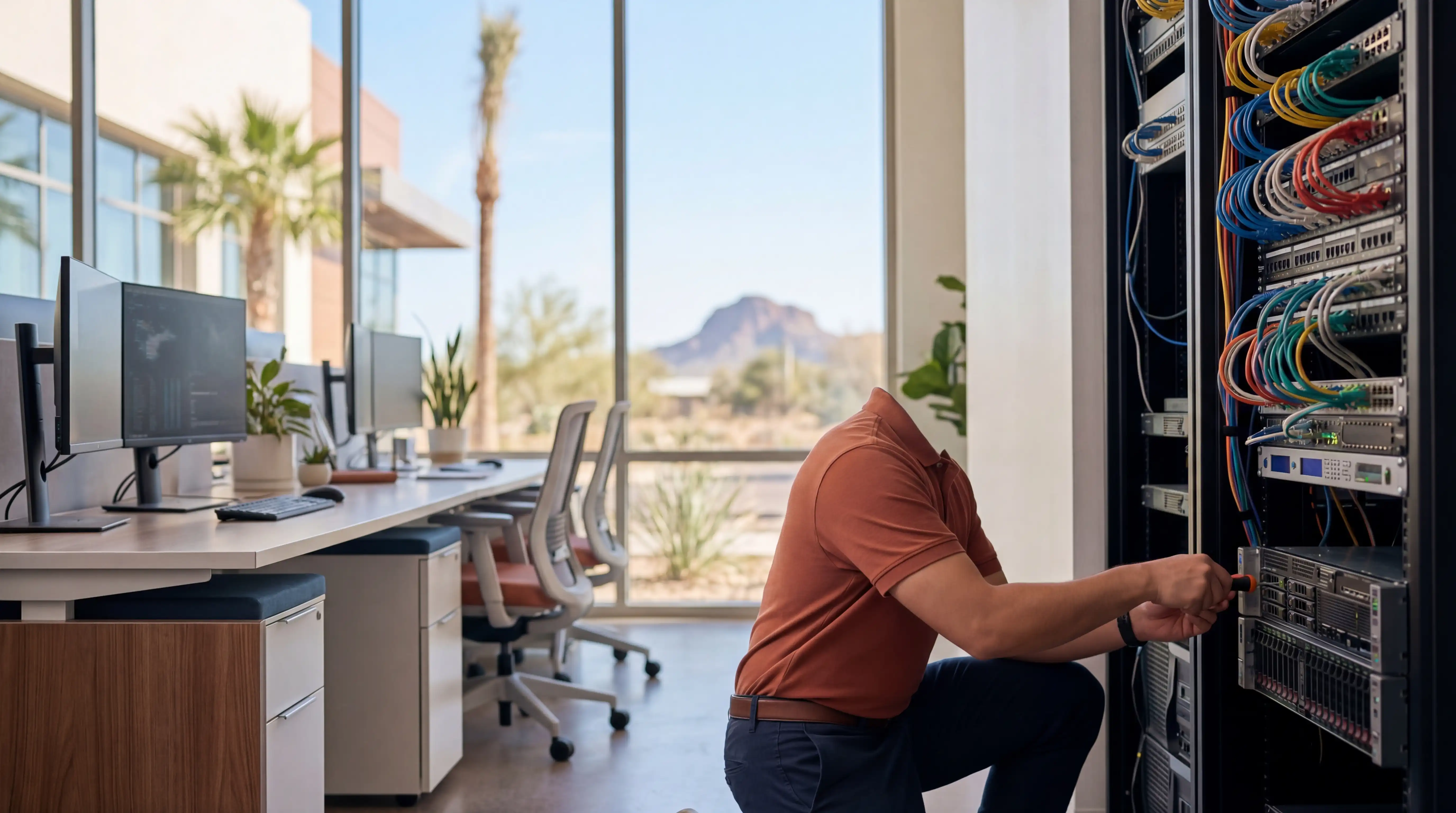 IT engineer configuring network rack servers in a modern Tempe, AZ technology office with desert-warm lighting