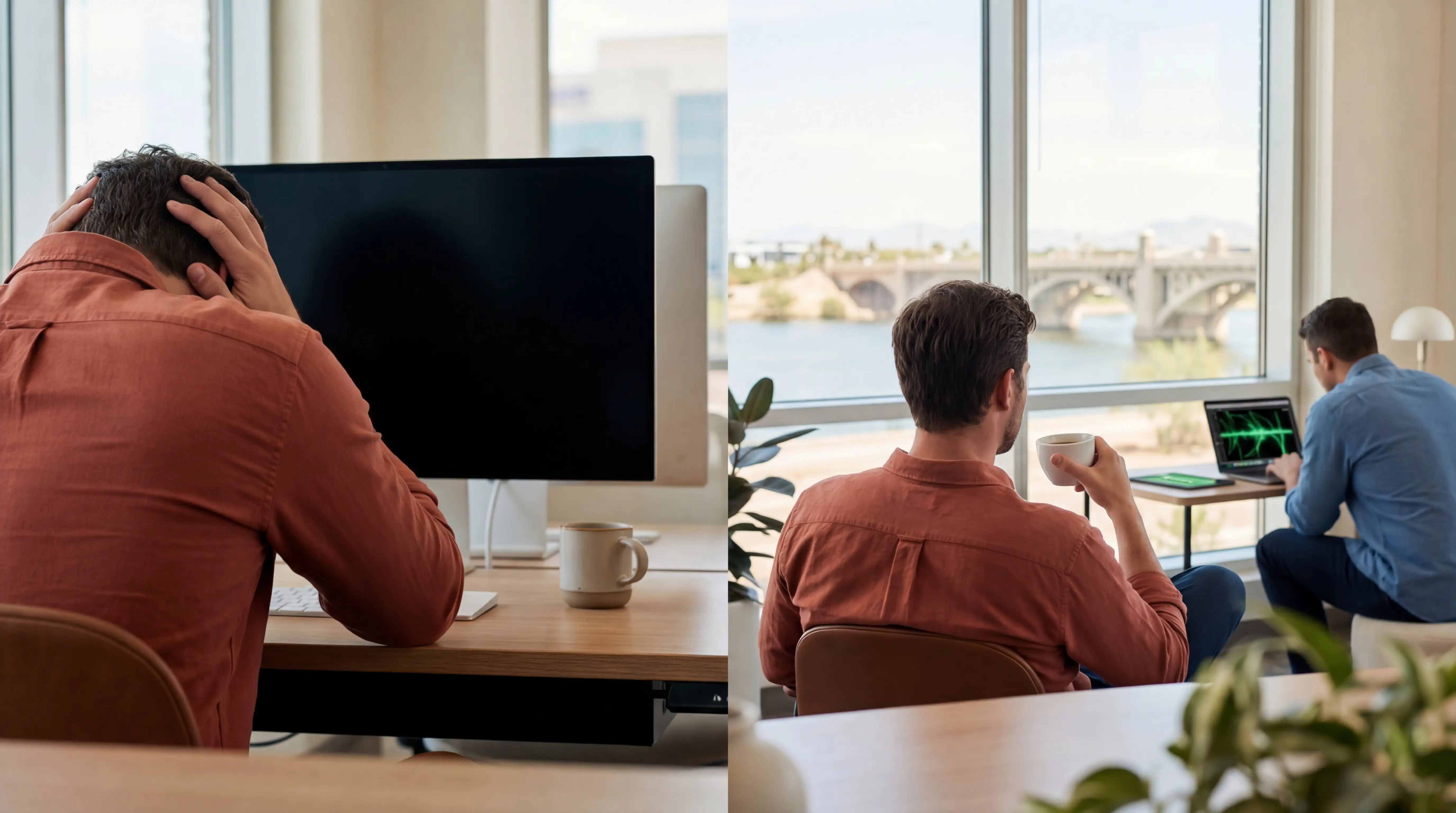 IT engineer configuring network rack servers in a modern Tempe, AZ technology office with desert-warm lighting