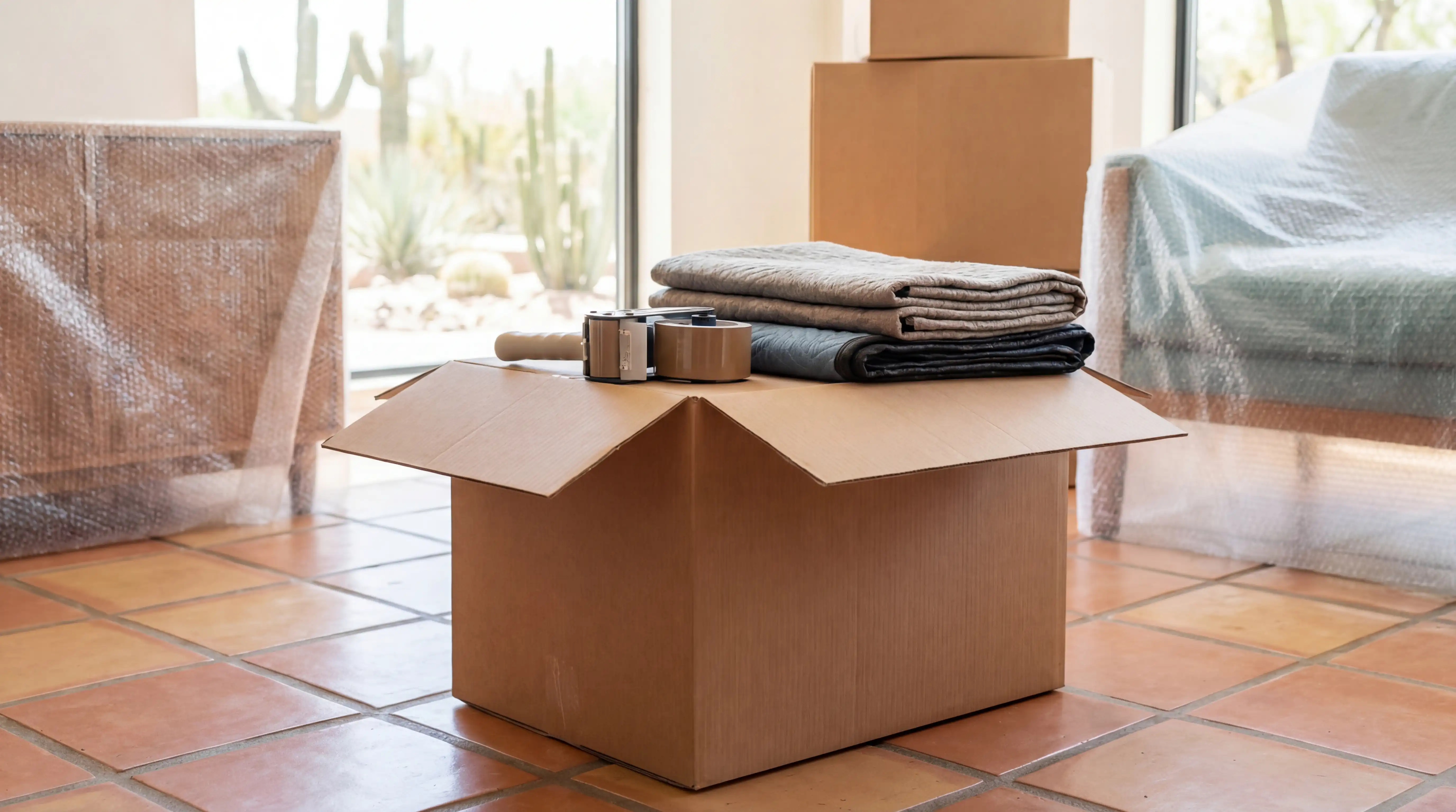 Professional movers in branded uniforms carrying furniture from a moving truck outside a Tempe, AZ apartment complex with palm trees