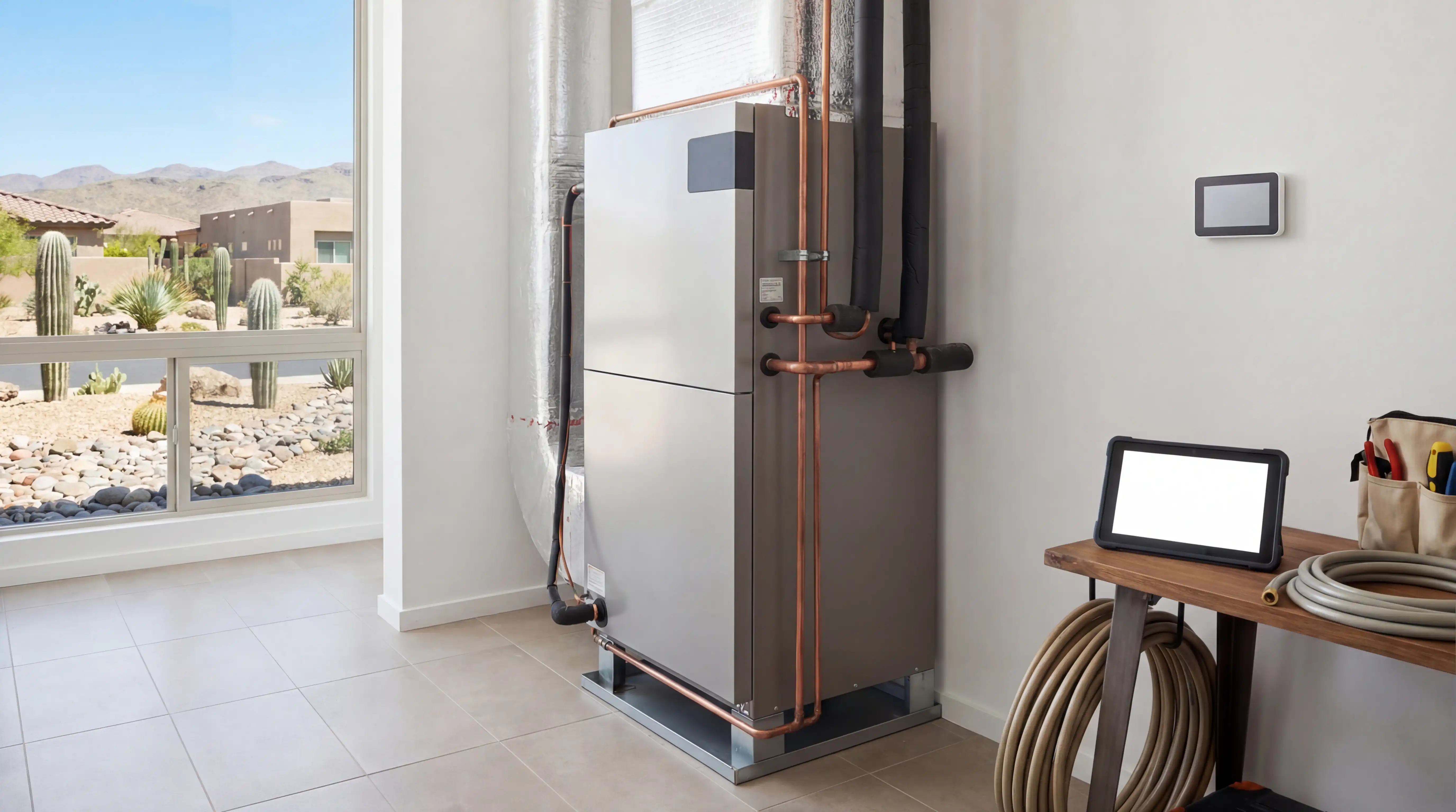 Professional HVAC technician inspecting rooftop AC unit at a Peoria, AZ stucco home